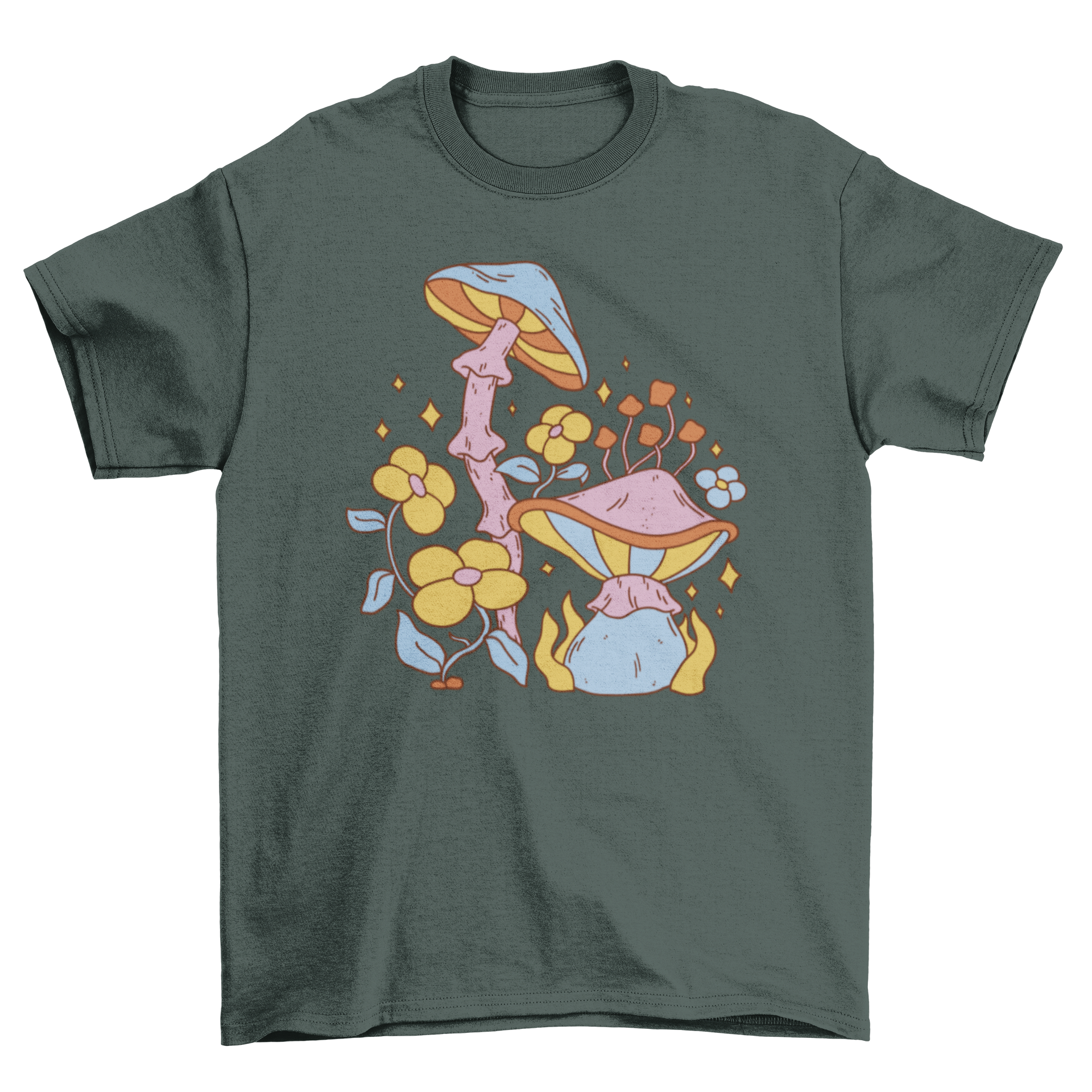 A vibrant t-shirt featuring colorful mushrooms and wildflowers, showcasing a hippie-inspired design.