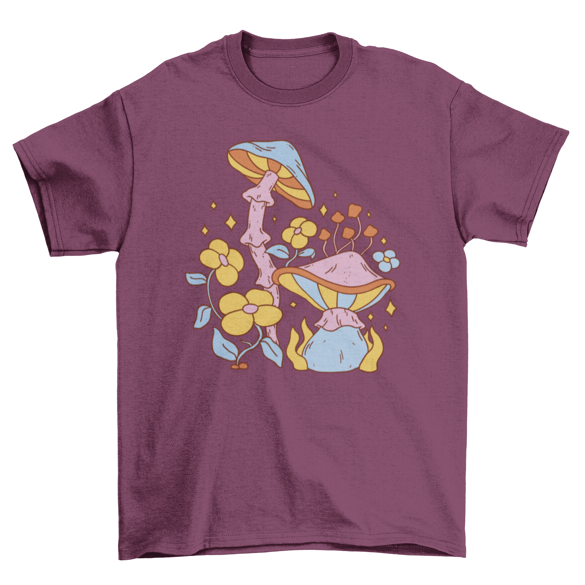 A vibrant t-shirt featuring colorful mushrooms and wildflowers, showcasing a hippie-inspired design.