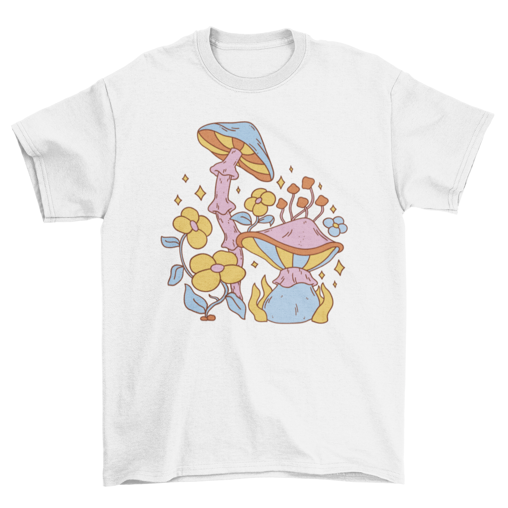 A vibrant t-shirt featuring colorful mushrooms and wildflowers, showcasing a hippie-inspired design.