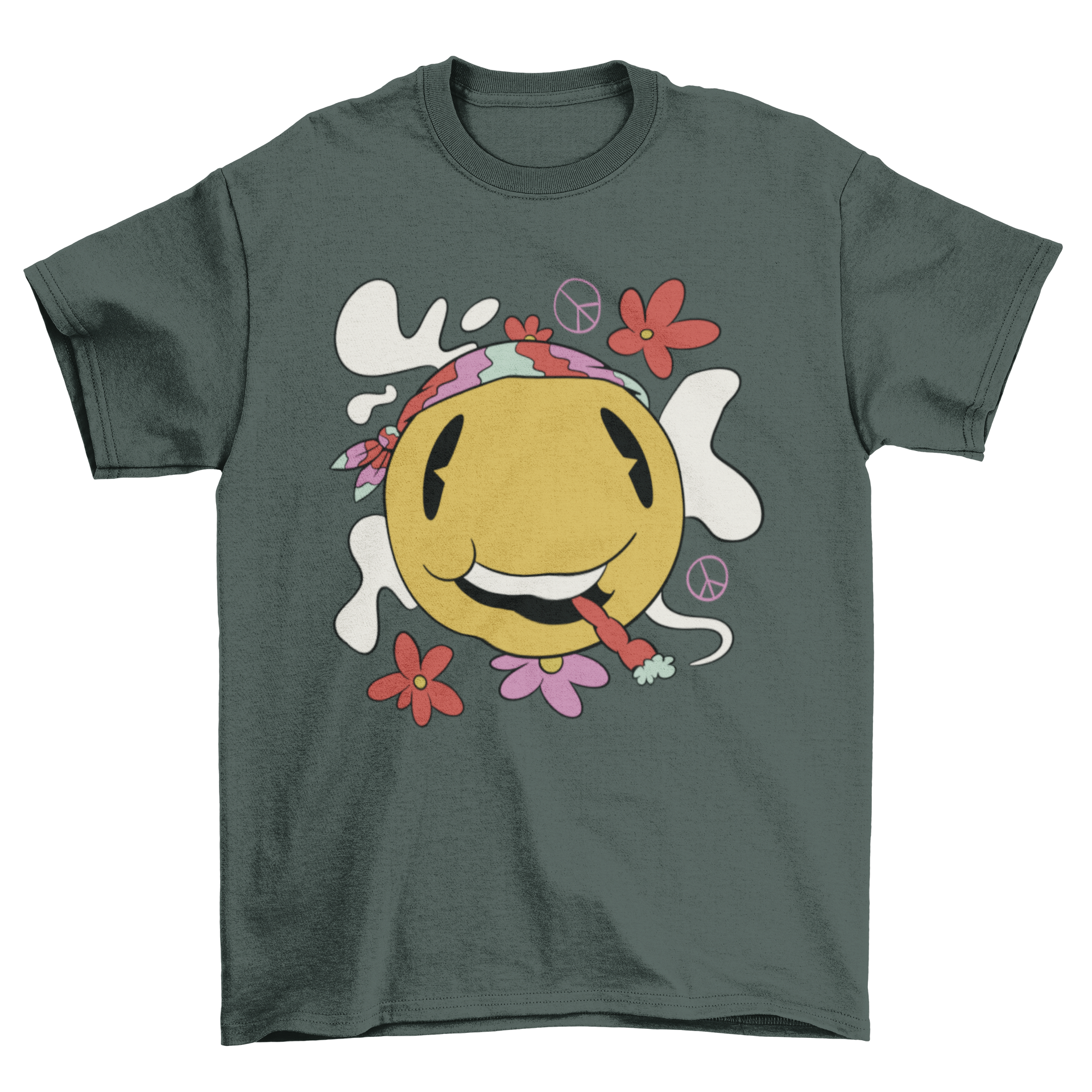 Hippie smiling emoji smoking t-shirt design featuring vibrant colors and playful elements.