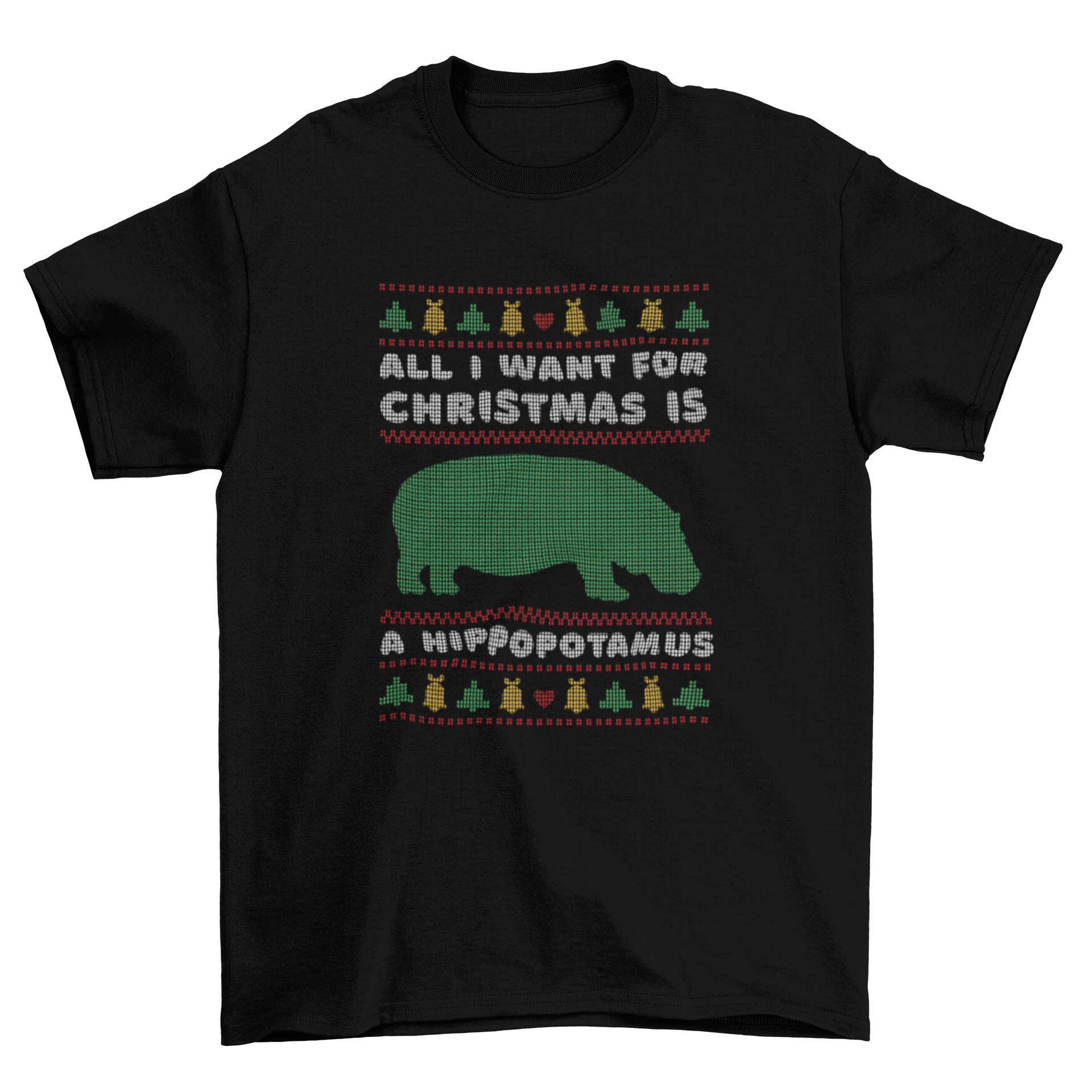 Hippo ugly Christmas sweater t-shirt featuring a whimsical hippo design and festive quote.