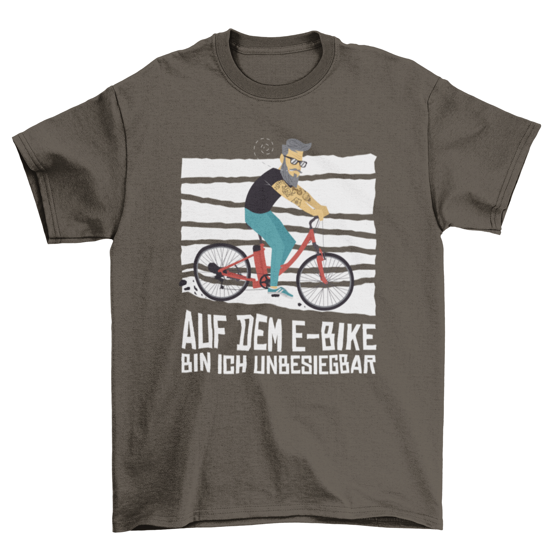 Cartoon t-shirt featuring a hipster man riding an electric bicycle with a German quote about e-bikes.
