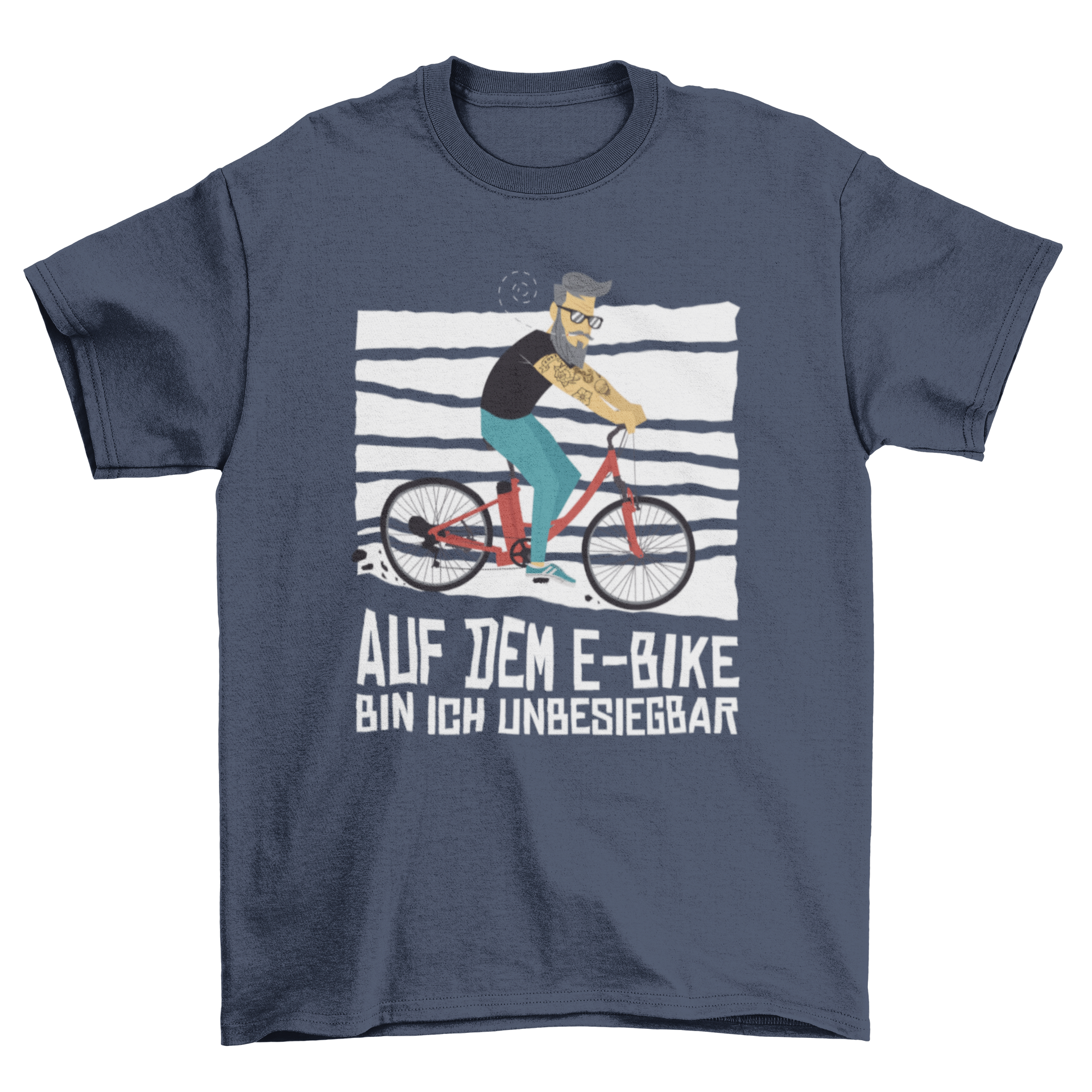 Cartoon t-shirt featuring a hipster man riding an electric bicycle with a German quote about e-bikes.