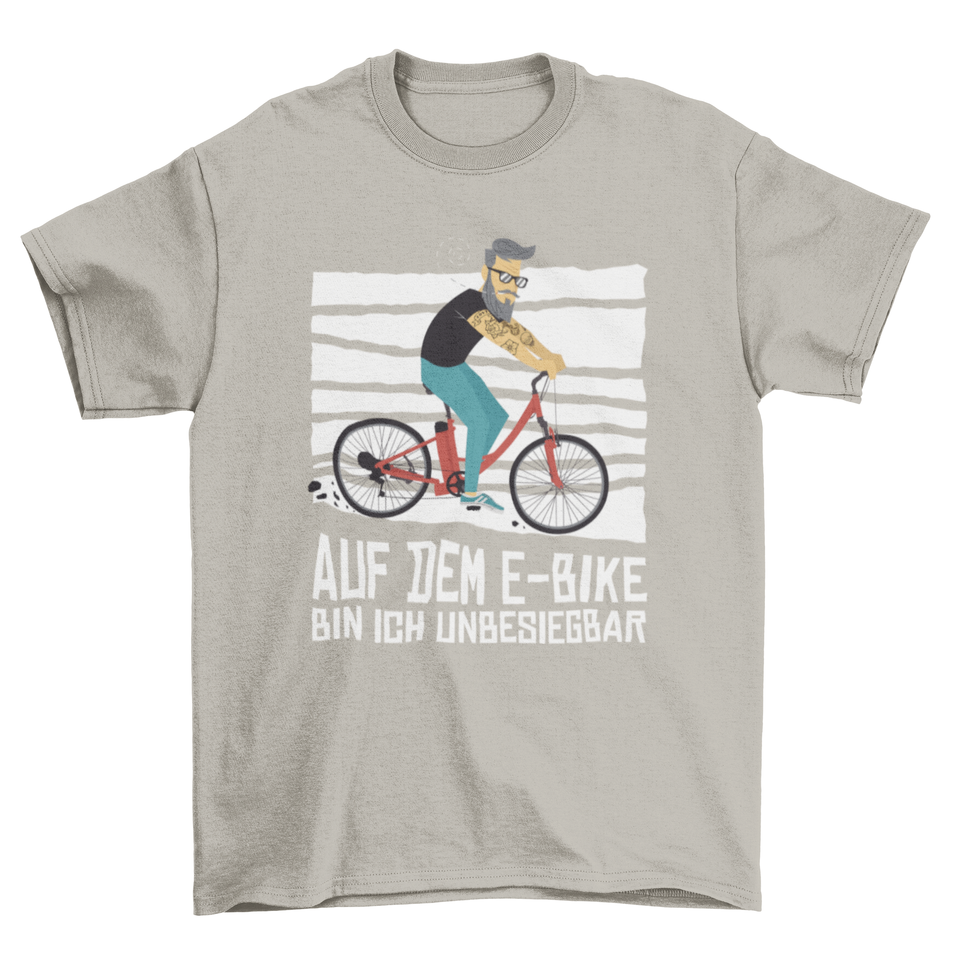Cartoon t-shirt featuring a hipster man riding an electric bicycle with a German quote about e-bikes.