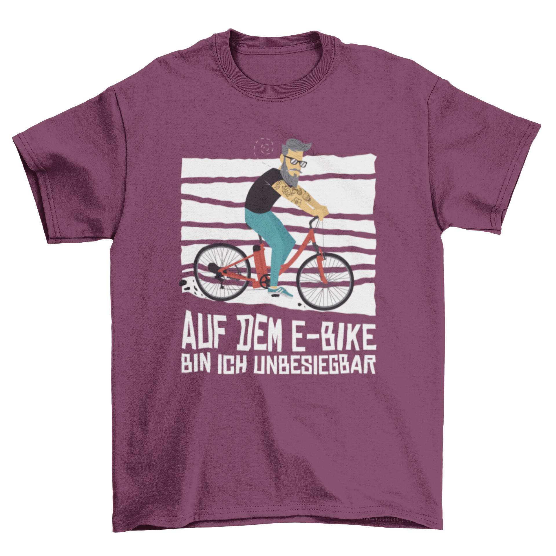 Cartoon t-shirt featuring a hipster man riding an electric bicycle with a German quote about e-bikes.