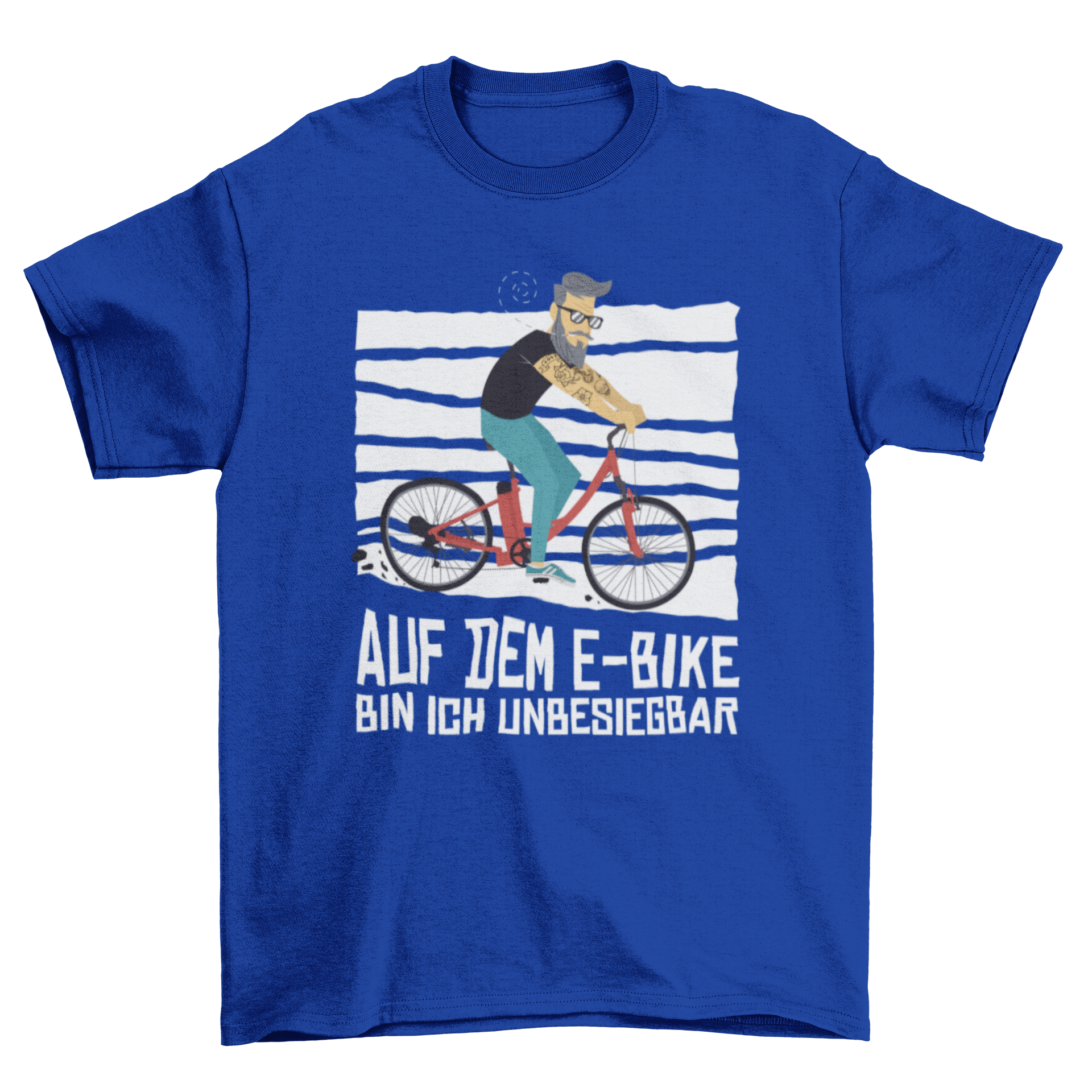 Cartoon t-shirt featuring a hipster man riding an electric bicycle with a German quote about e-bikes.