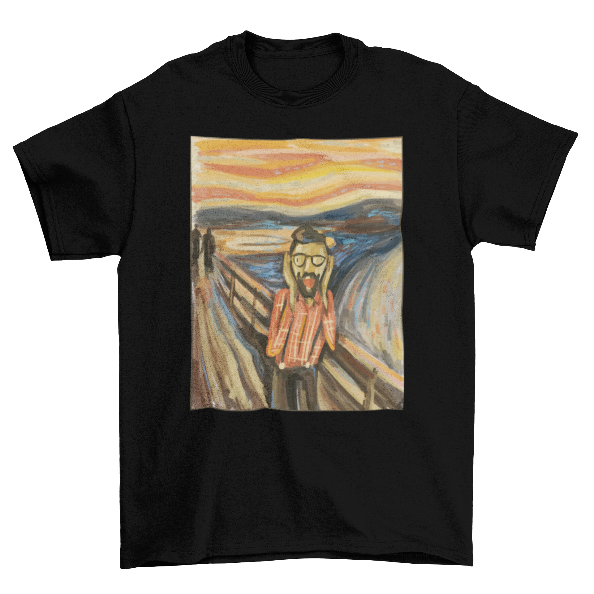 Hipster Scream T-shirt featuring a humorous design of a hipster screaming, inspired by Edvard Munch's painting The Scream.