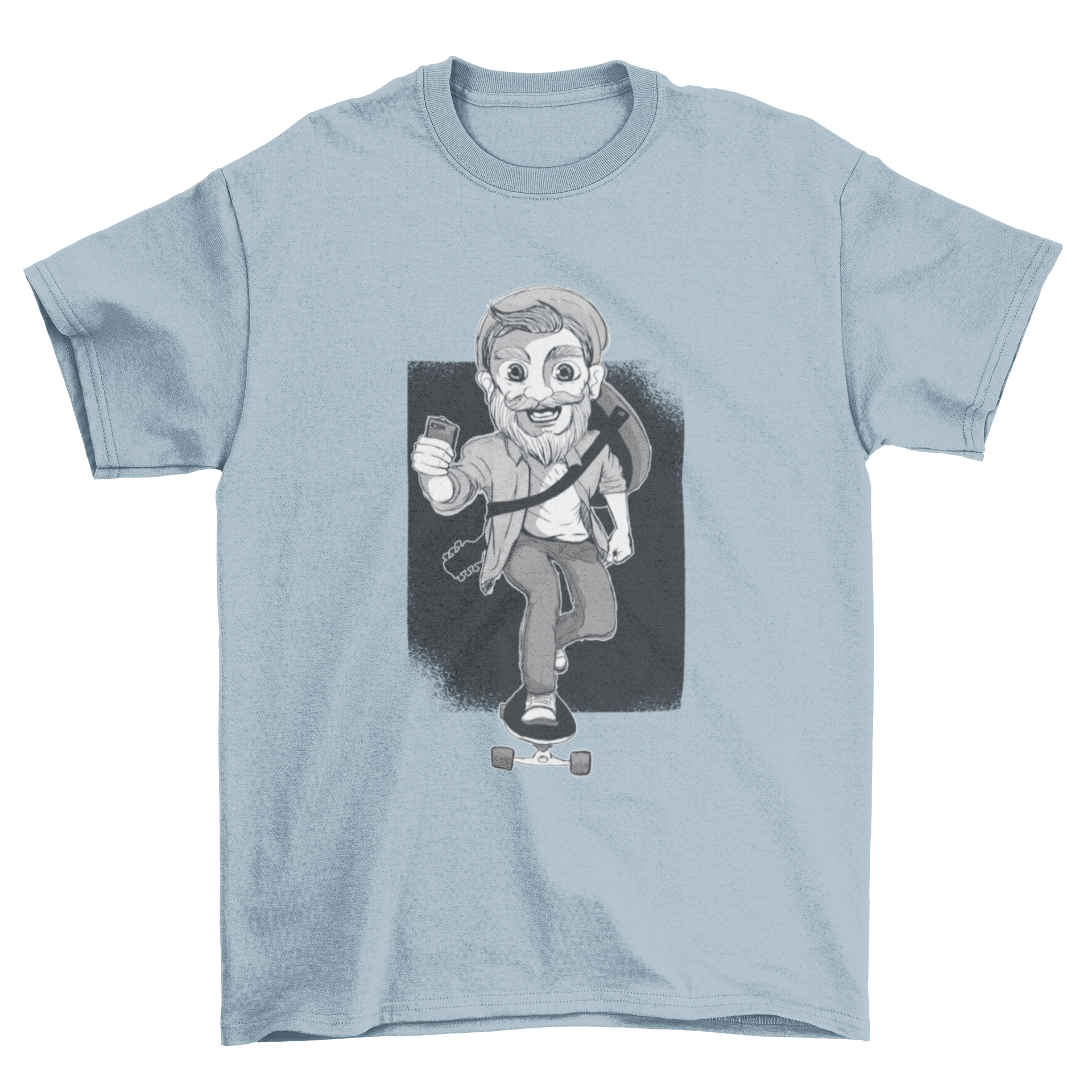 Hipster Skater T-Shirt featuring a hand-drawn graphic of a skating hipster with a phone and guitar.