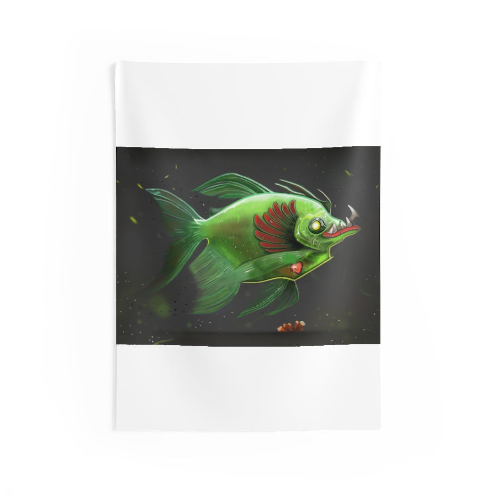 A vibrant Hook Lung Jaw Indoor Wall Tapestry showcasing intricate designs and colors, perfect for enhancing home decor.