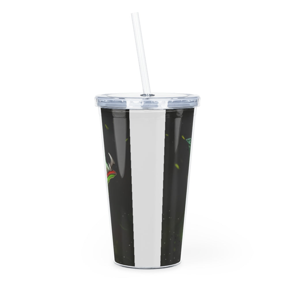 Hook Lung Jaw Plastic Tumbler with Straw, featuring a customizable design and double wall insulation for temperature control.