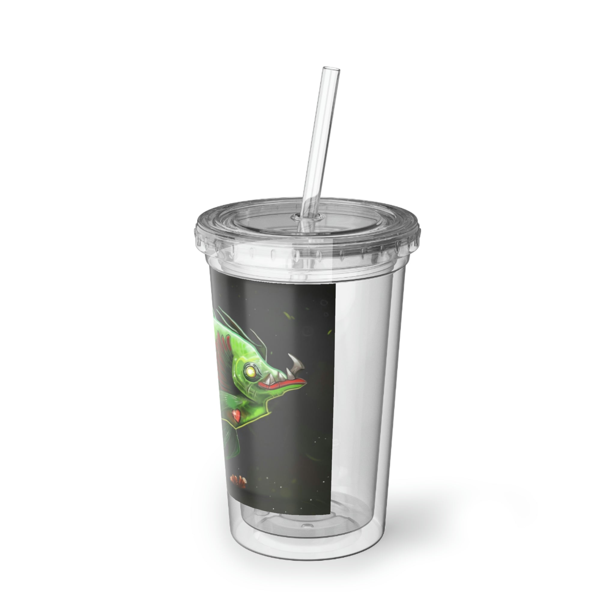 Hook Lung Jaw Suave Acrylic Cup with double-wall insulation, featuring a plastic lid and straw, ideal for hot and cold beverages.