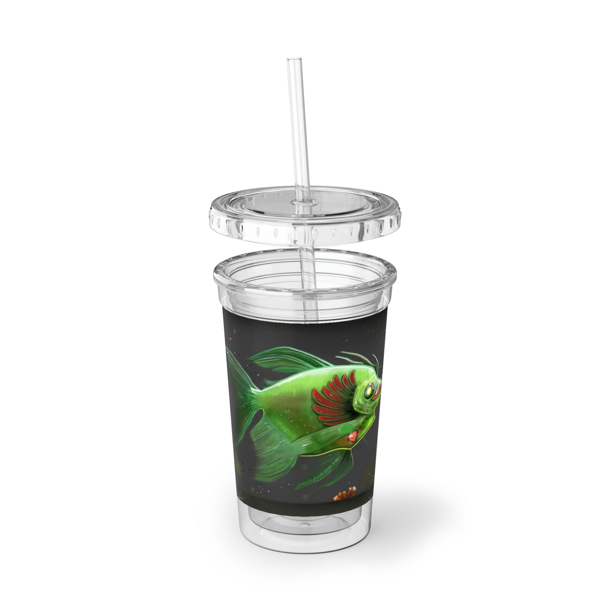 Hook Lung Jaw Suave Acrylic Cup with double-wall insulation, featuring a plastic lid and straw, ideal for hot and cold beverages.