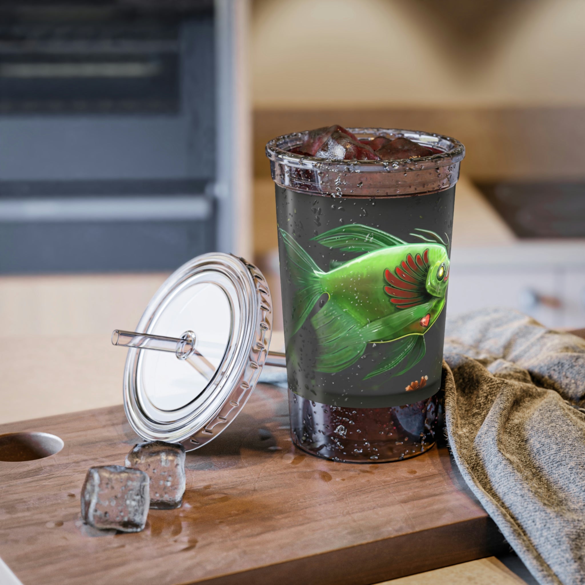 Hook Lung Jaw Suave Acrylic Cup with double-wall insulation, featuring a plastic lid and straw, ideal for hot and cold beverages.