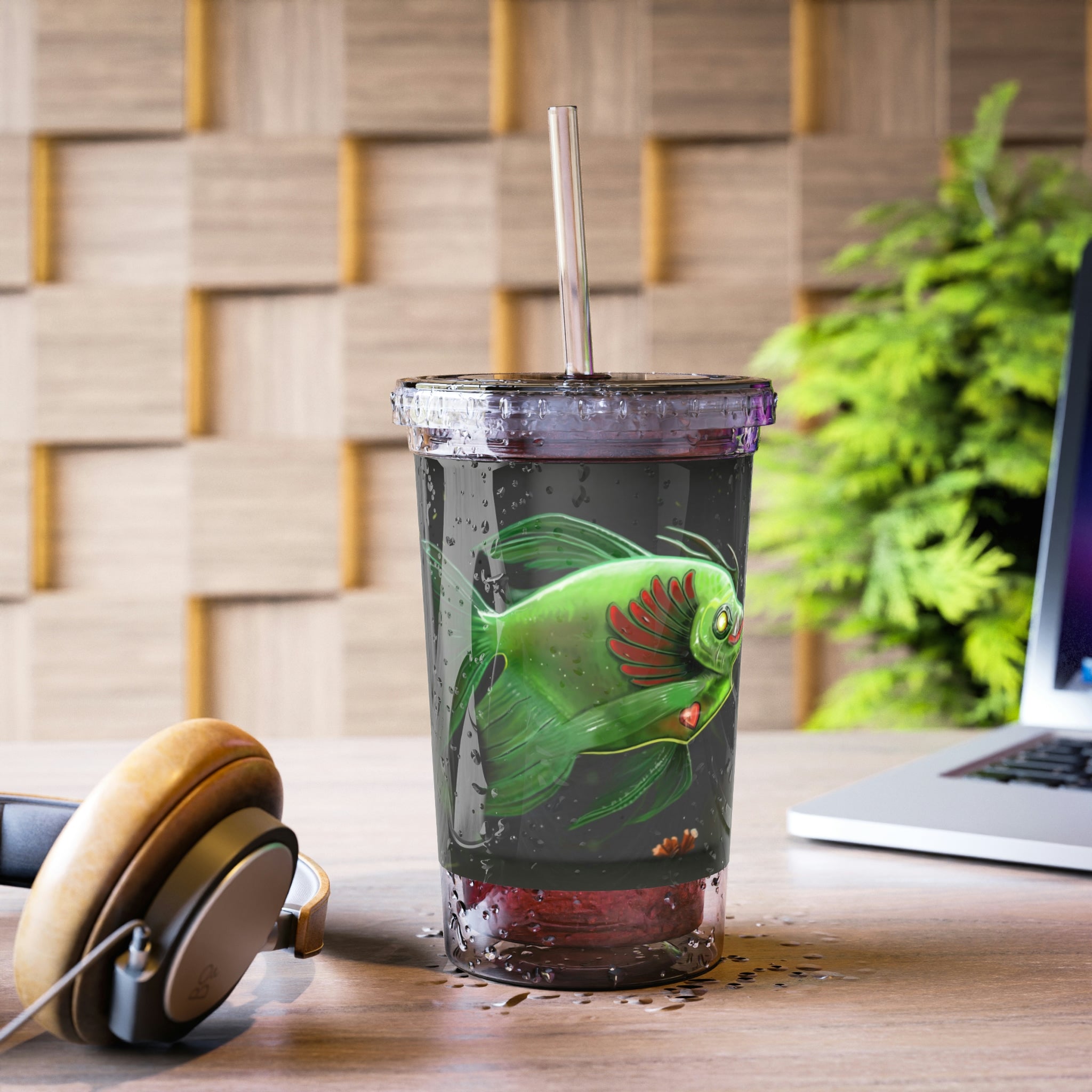 Hook Lung Jaw Suave Acrylic Cup with double-wall insulation, featuring a plastic lid and straw, ideal for hot and cold beverages.