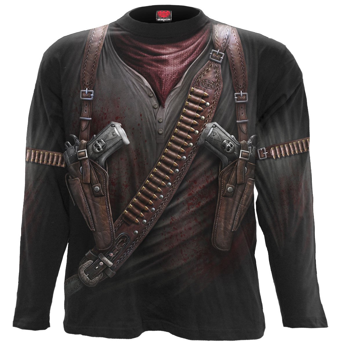 HOLSTER WRAP Allover Longsleeve T-Shirt in black featuring twin pistols, bullet belts, and a bowie knife design.