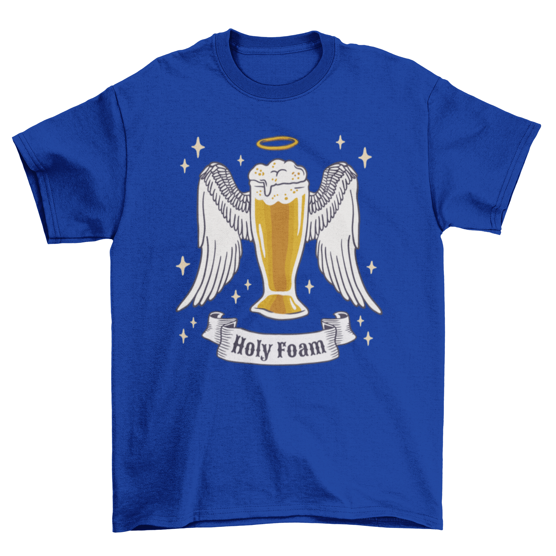 Holy Foam Beer T-Shirt featuring a beer glass with angel wings and the quote 'Holy Foam'.