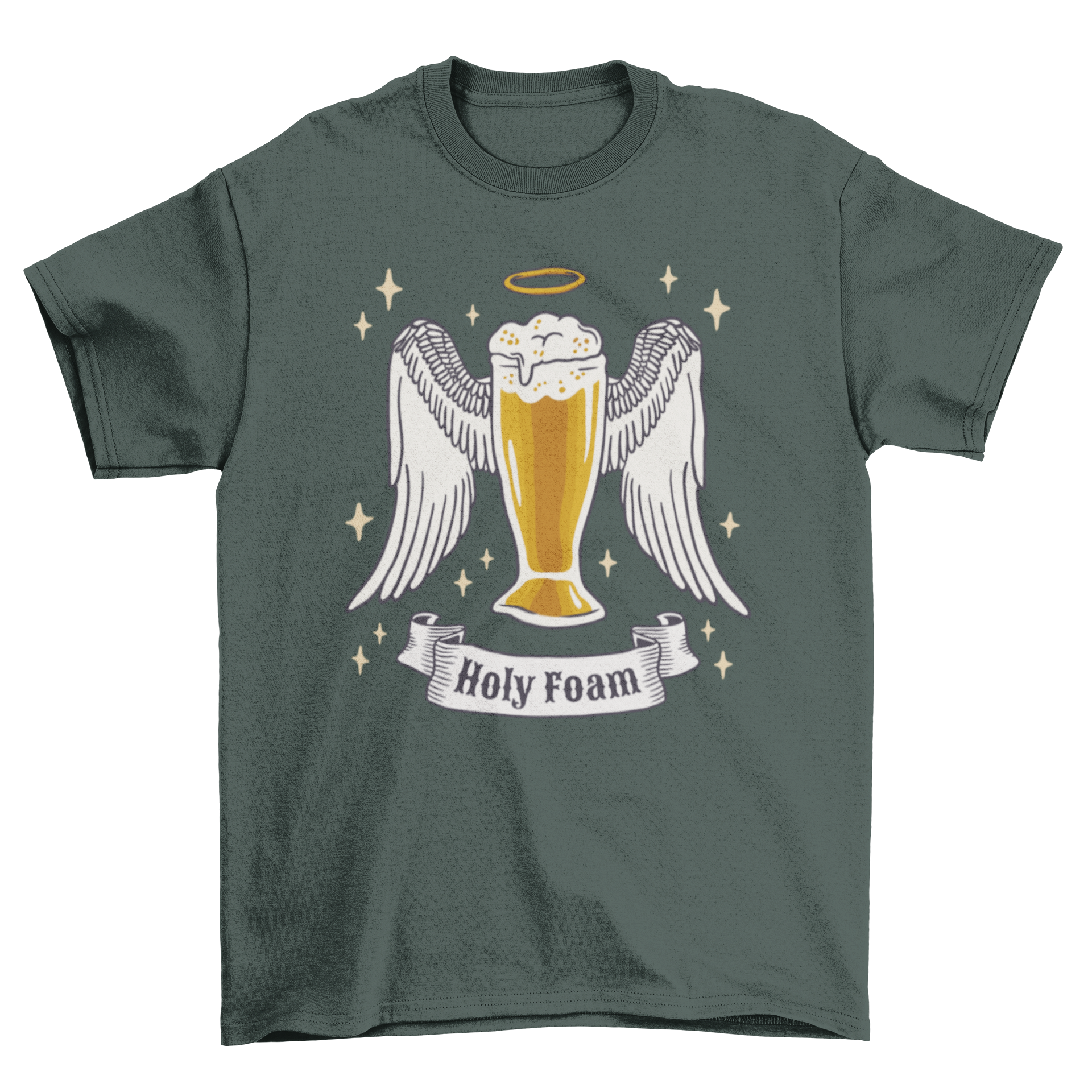Holy Foam Beer T-Shirt featuring a beer glass with angel wings and the quote 'Holy Foam'.