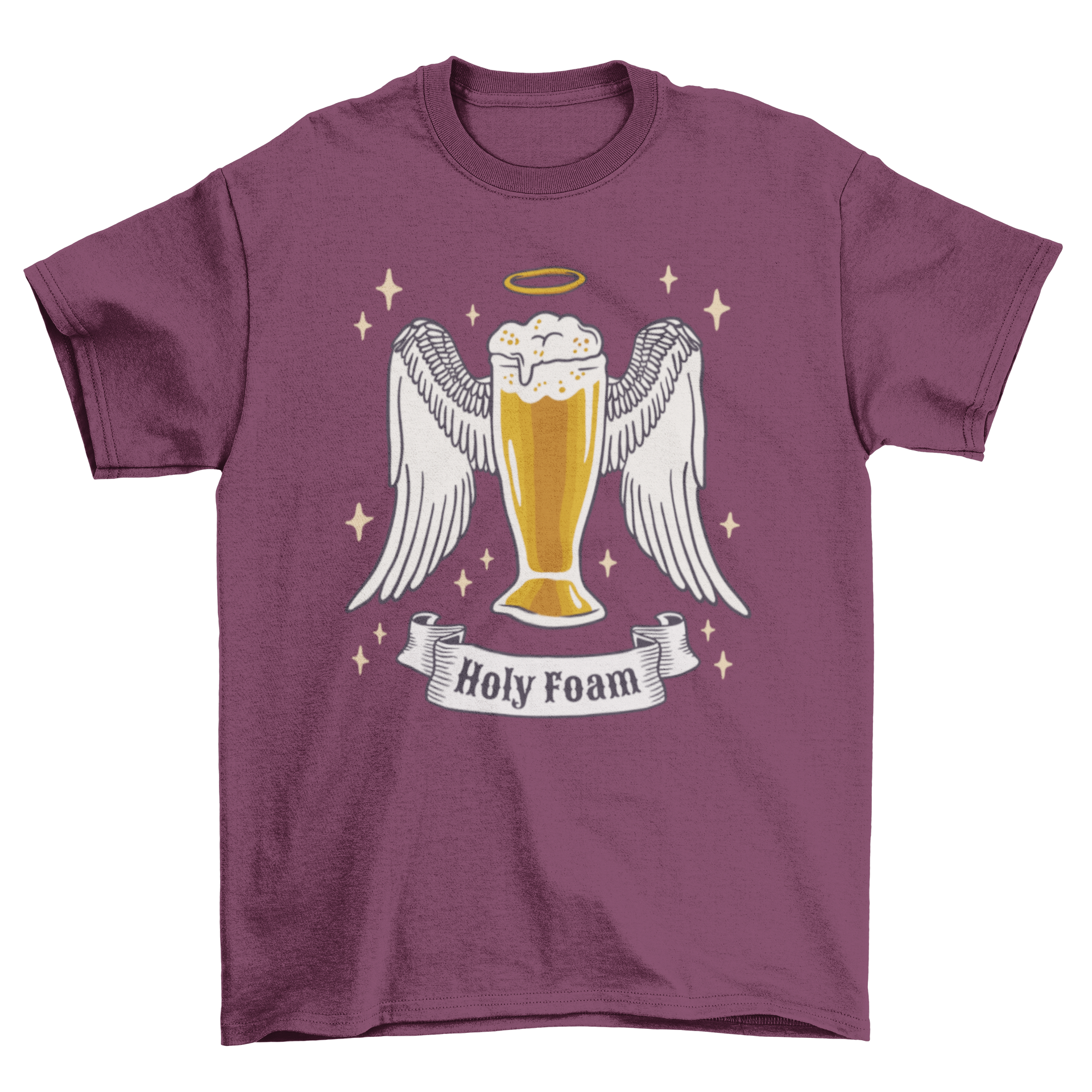 Holy Foam Beer T-Shirt featuring a beer glass with angel wings and the quote 'Holy Foam'.
