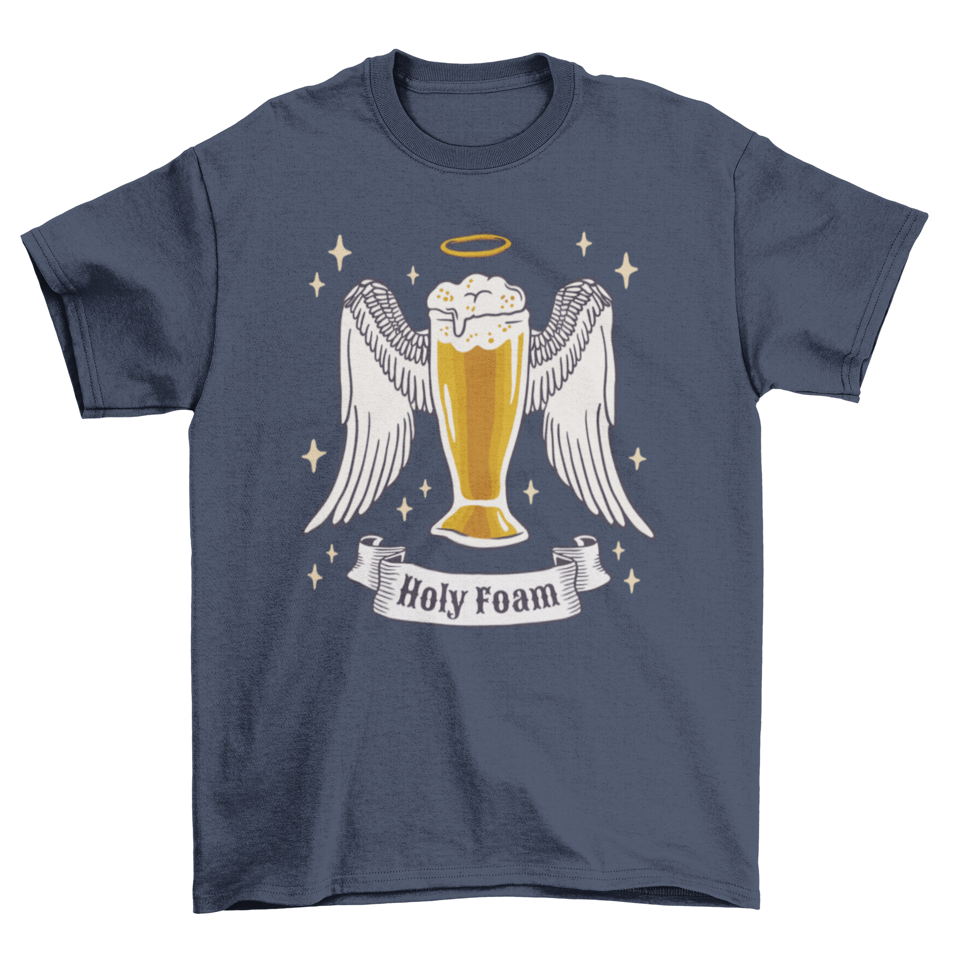 Holy Foam Beer T-Shirt featuring a beer glass with angel wings and the quote 'Holy Foam'.