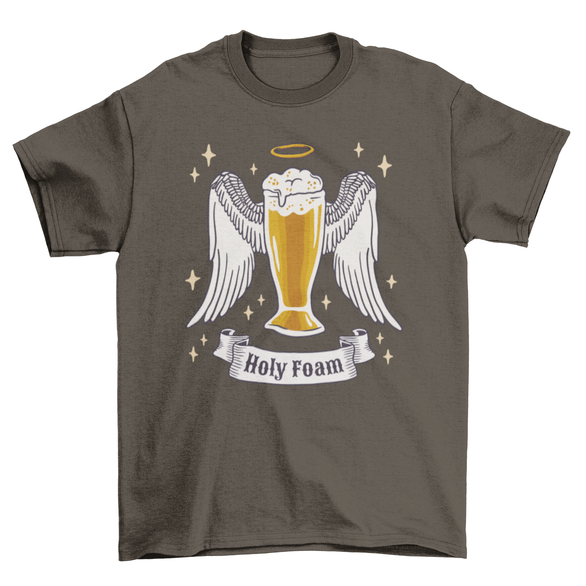 Holy Foam Beer T-Shirt featuring a beer glass with angel wings and the quote 'Holy Foam'.