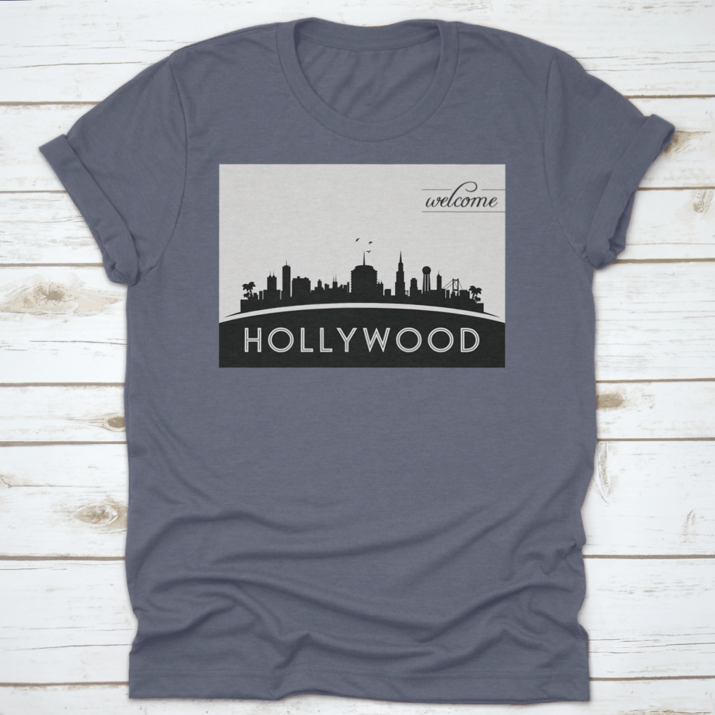 Black and white vector design of the Hollywood USA skyline silhouette, showcasing iconic buildings and structures.
