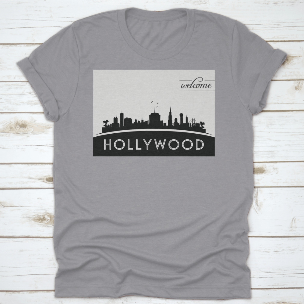 Black and white vector design of the Hollywood USA skyline silhouette, showcasing iconic buildings and structures.