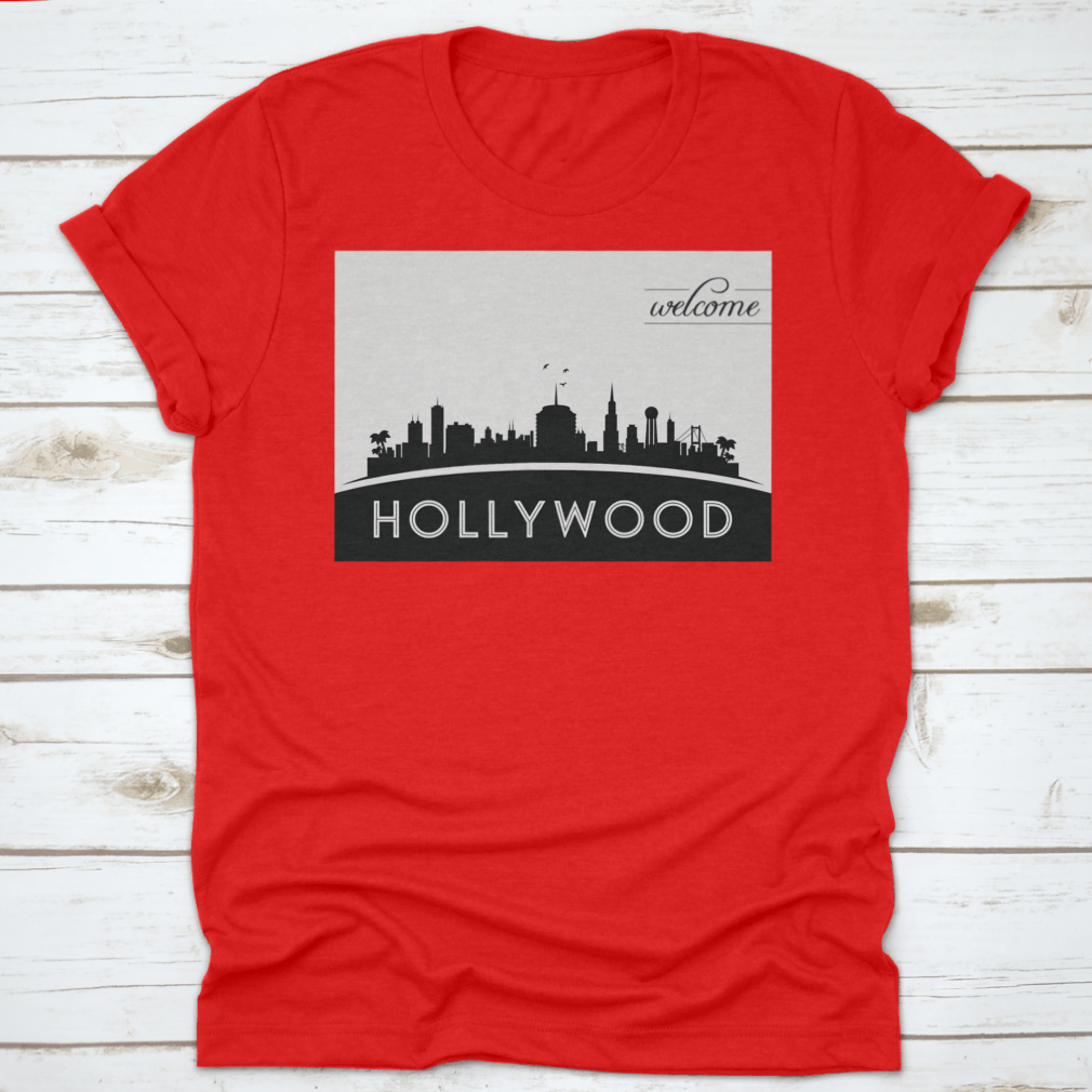 Black and white vector design of the Hollywood USA skyline silhouette, showcasing iconic buildings and structures.