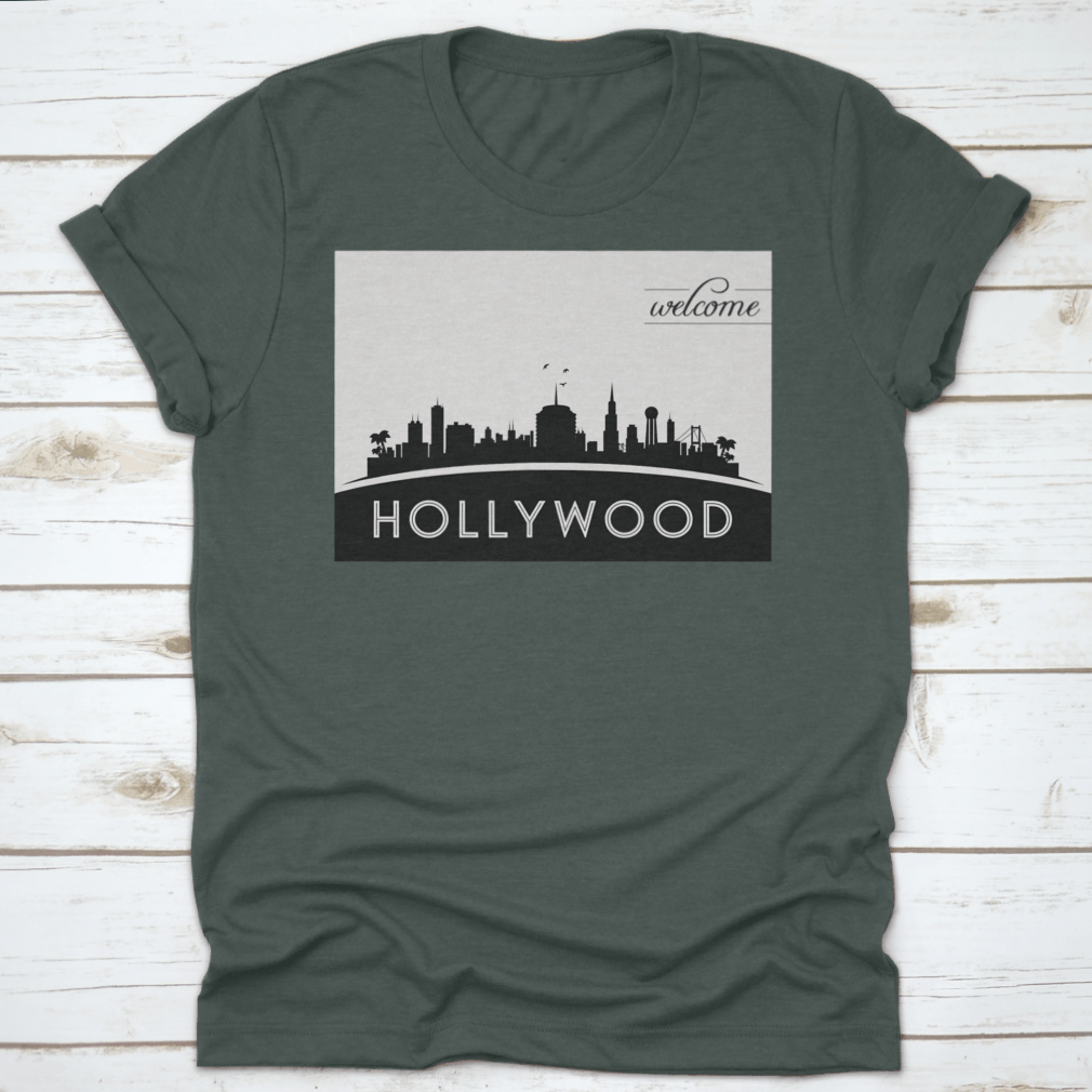 Black and white vector design of the Hollywood USA skyline silhouette, showcasing iconic buildings and structures.