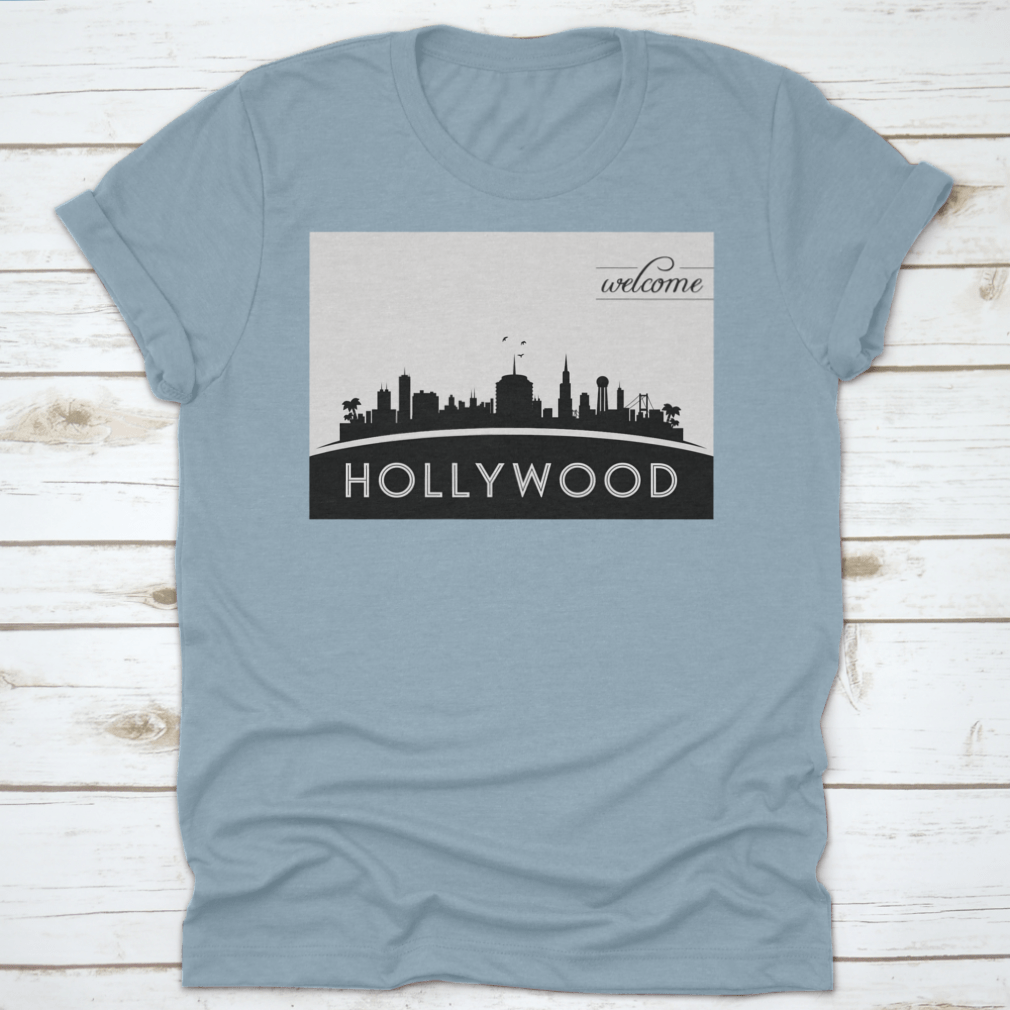 Black and white vector design of the Hollywood USA skyline silhouette, showcasing iconic buildings and structures.