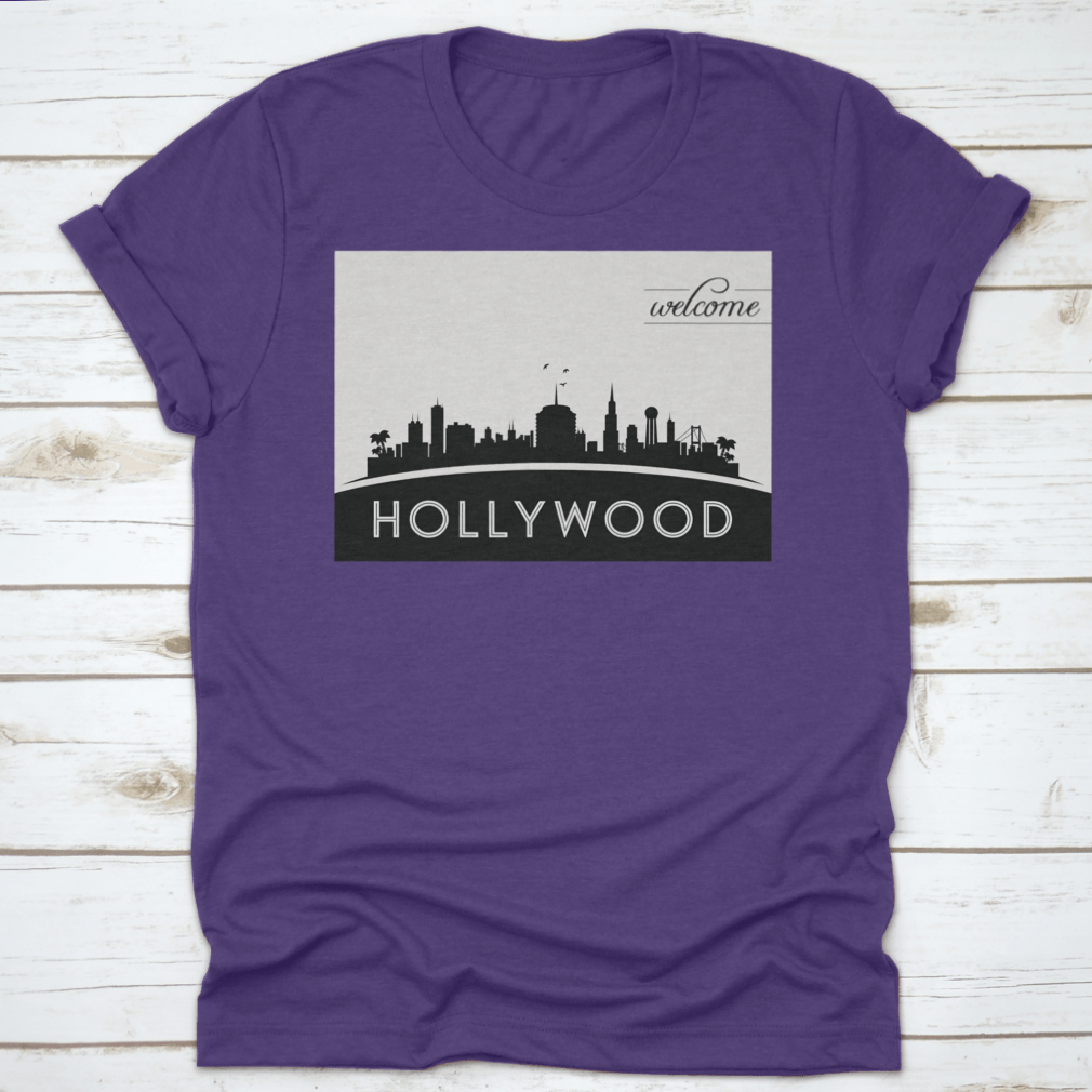 Black and white vector design of the Hollywood USA skyline silhouette, showcasing iconic buildings and structures.