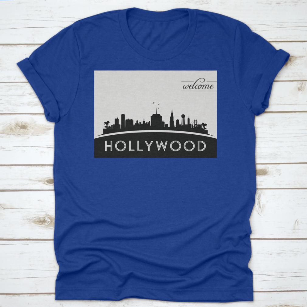 Black and white vector design of the Hollywood USA skyline silhouette, showcasing iconic buildings and structures.