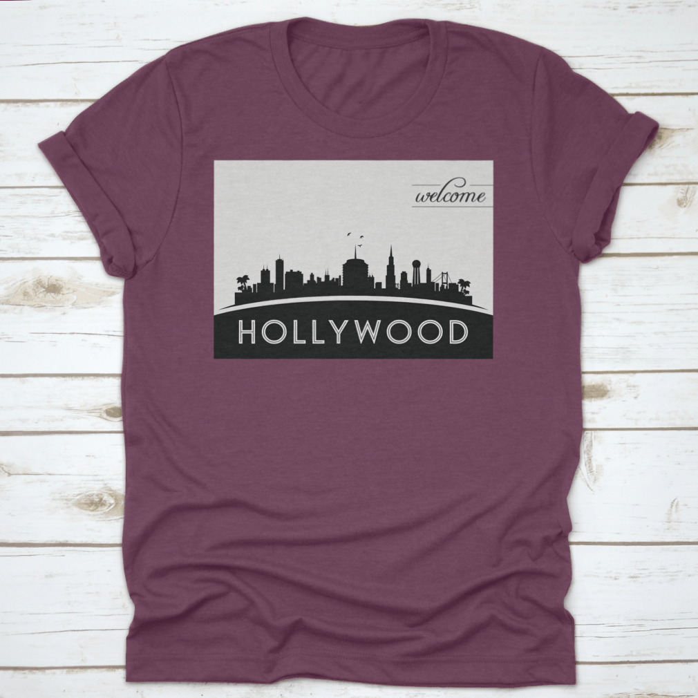 Black and white vector design of the Hollywood USA skyline silhouette, showcasing iconic buildings and structures.