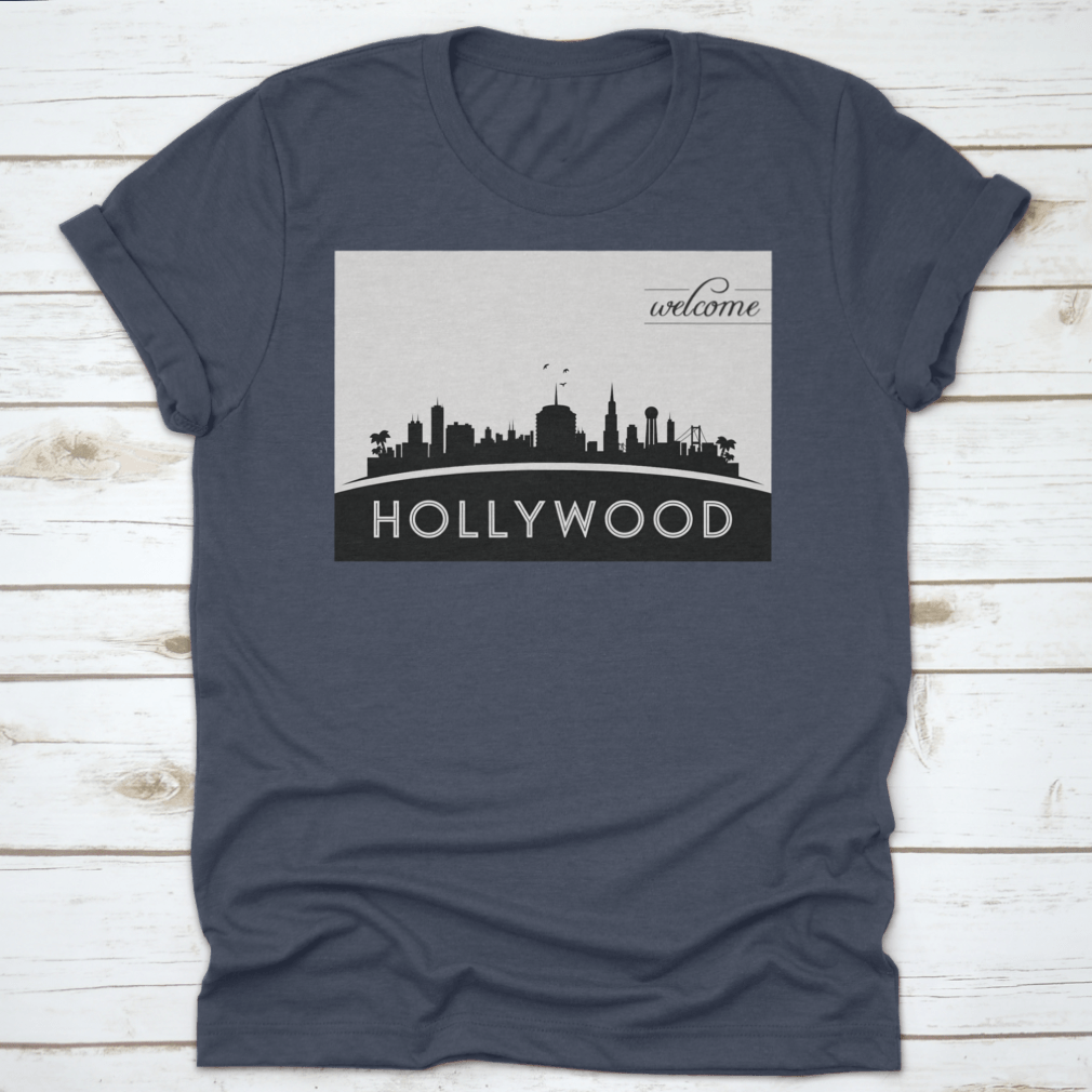 Black and white vector design of the Hollywood USA skyline silhouette, showcasing iconic buildings and structures.