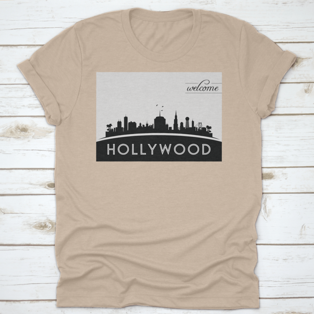 Black and white vector design of the Hollywood USA skyline silhouette, showcasing iconic buildings and structures.