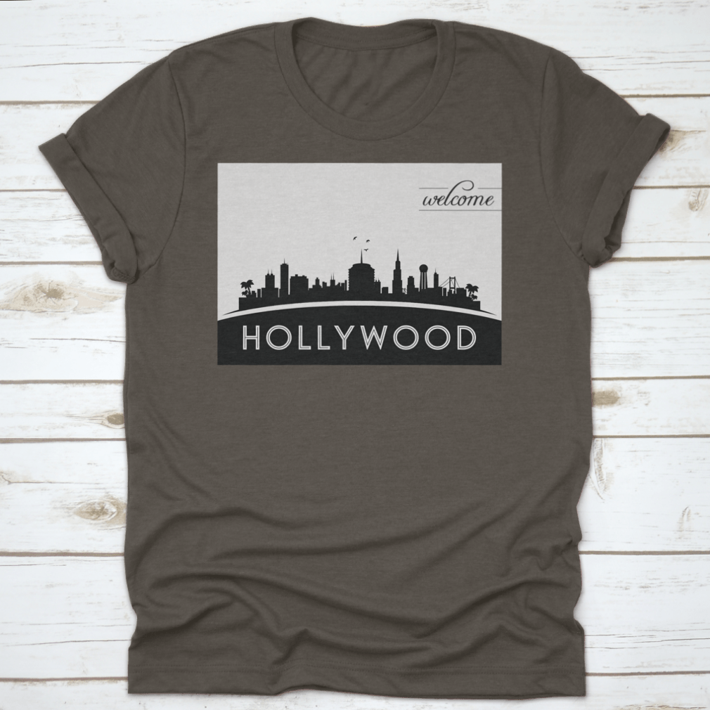 Black and white vector design of the Hollywood USA skyline silhouette, showcasing iconic buildings and structures.