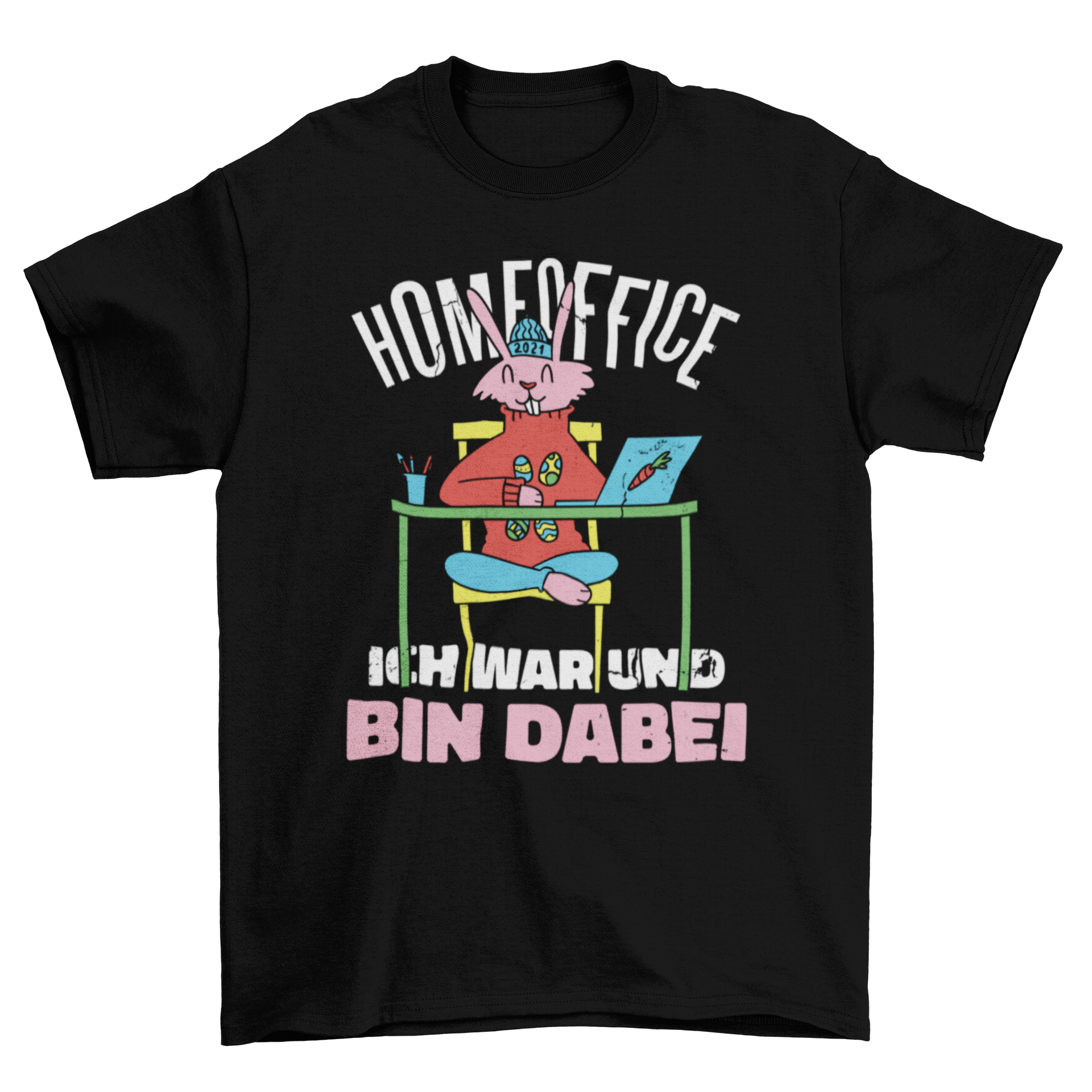 A playful t-shirt design featuring an Easter bunny working at a desk, perfect for home office wear.
