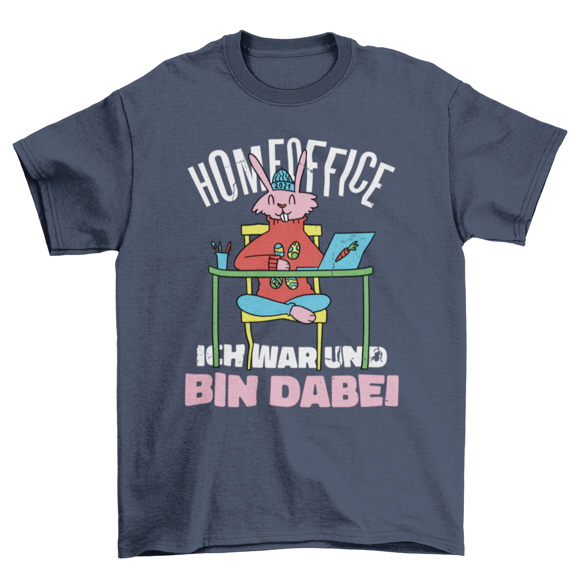 A playful t-shirt design featuring an Easter bunny working at a desk, perfect for home office wear.