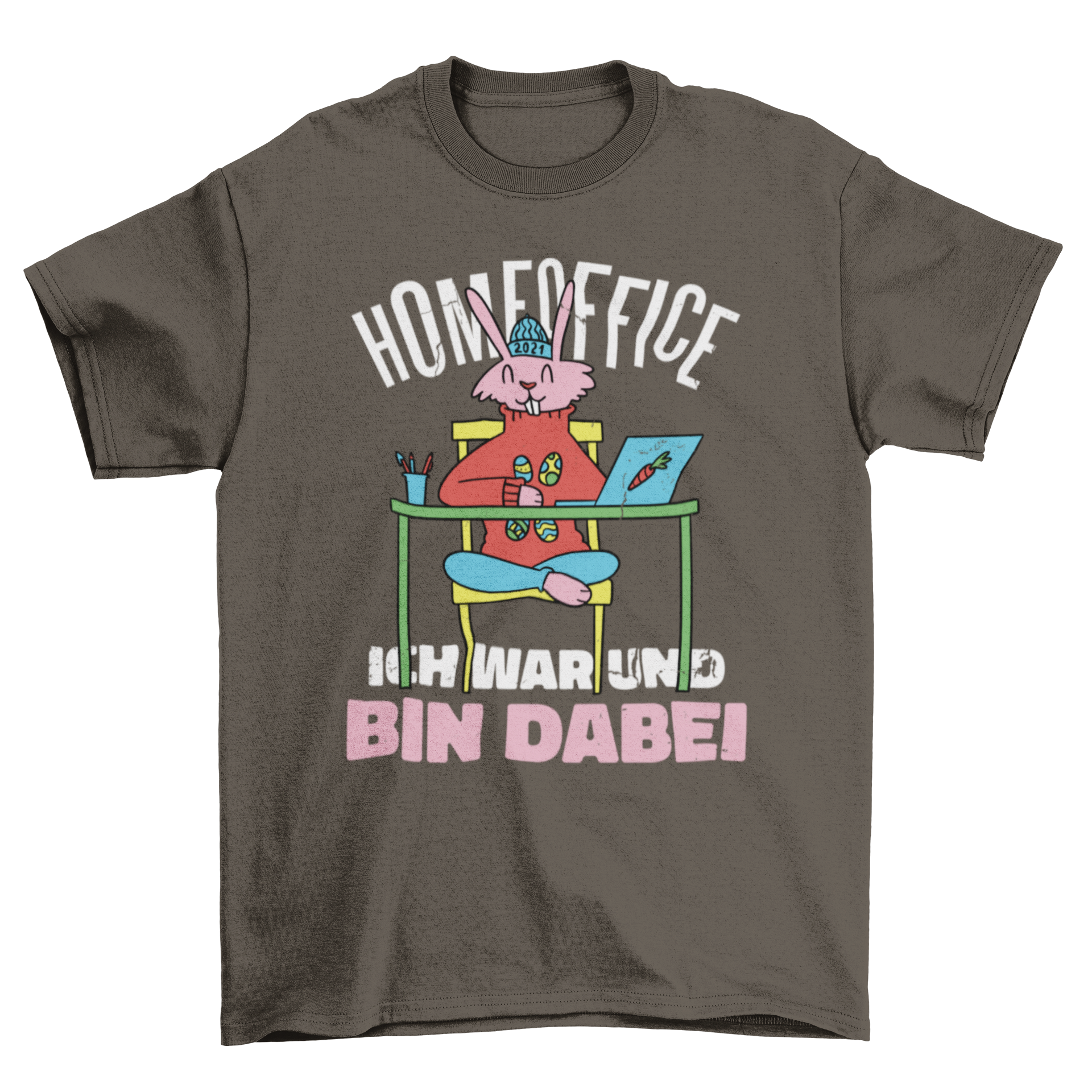 A playful t-shirt design featuring an Easter bunny working at a desk, perfect for home office wear.