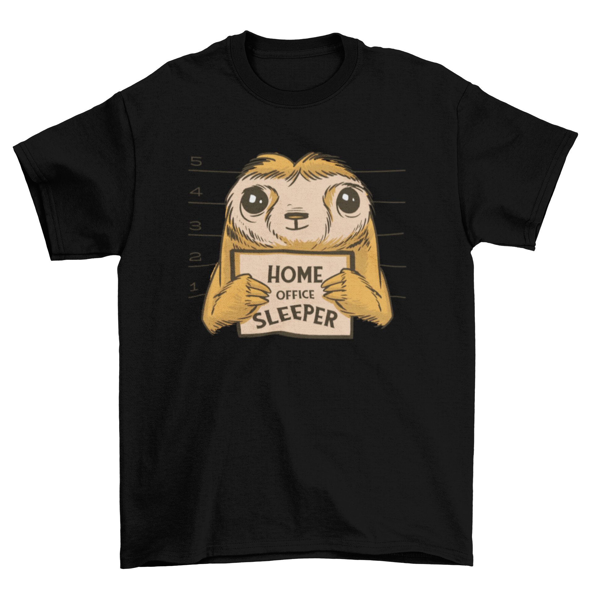 Funny Home Office Sloth T-Shirt featuring a sloth mugshot with a sign that says 'Home office sleeper'.
