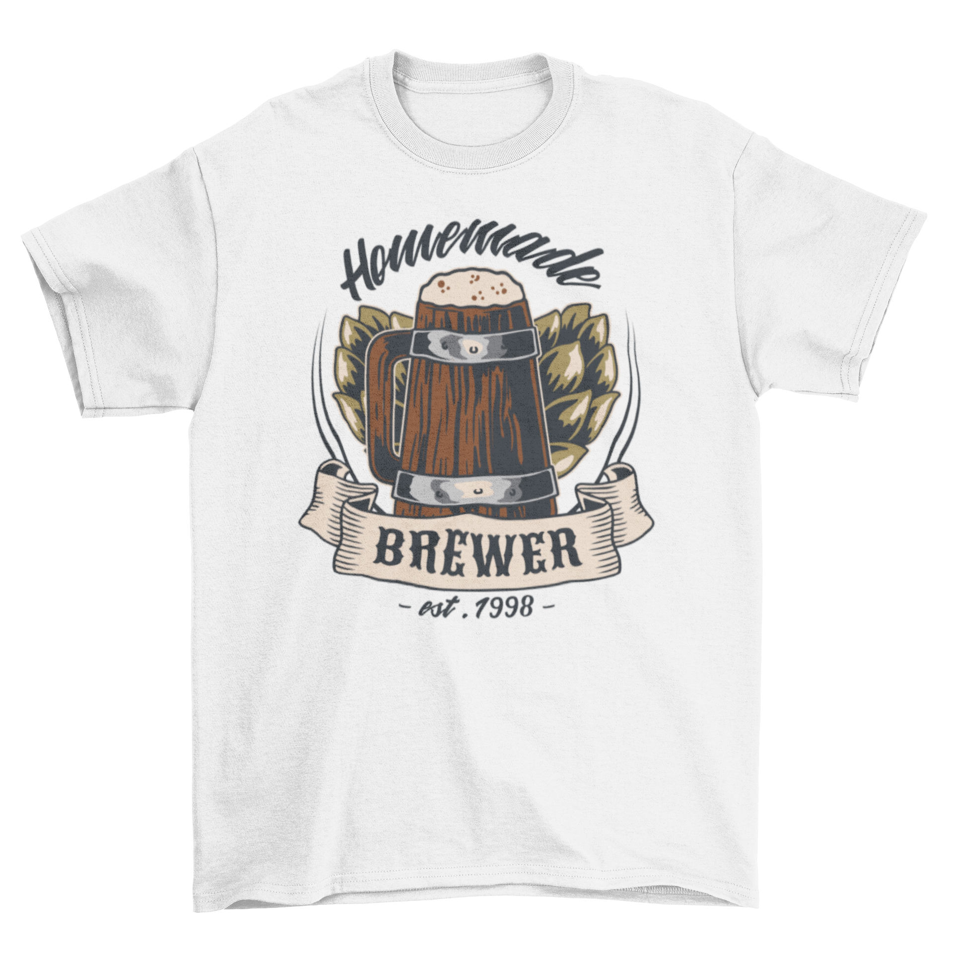A stylish Homemade Brewer Beer T-Shirt featuring a beer pint and the quote 'Homemade brewer est. 1998'.