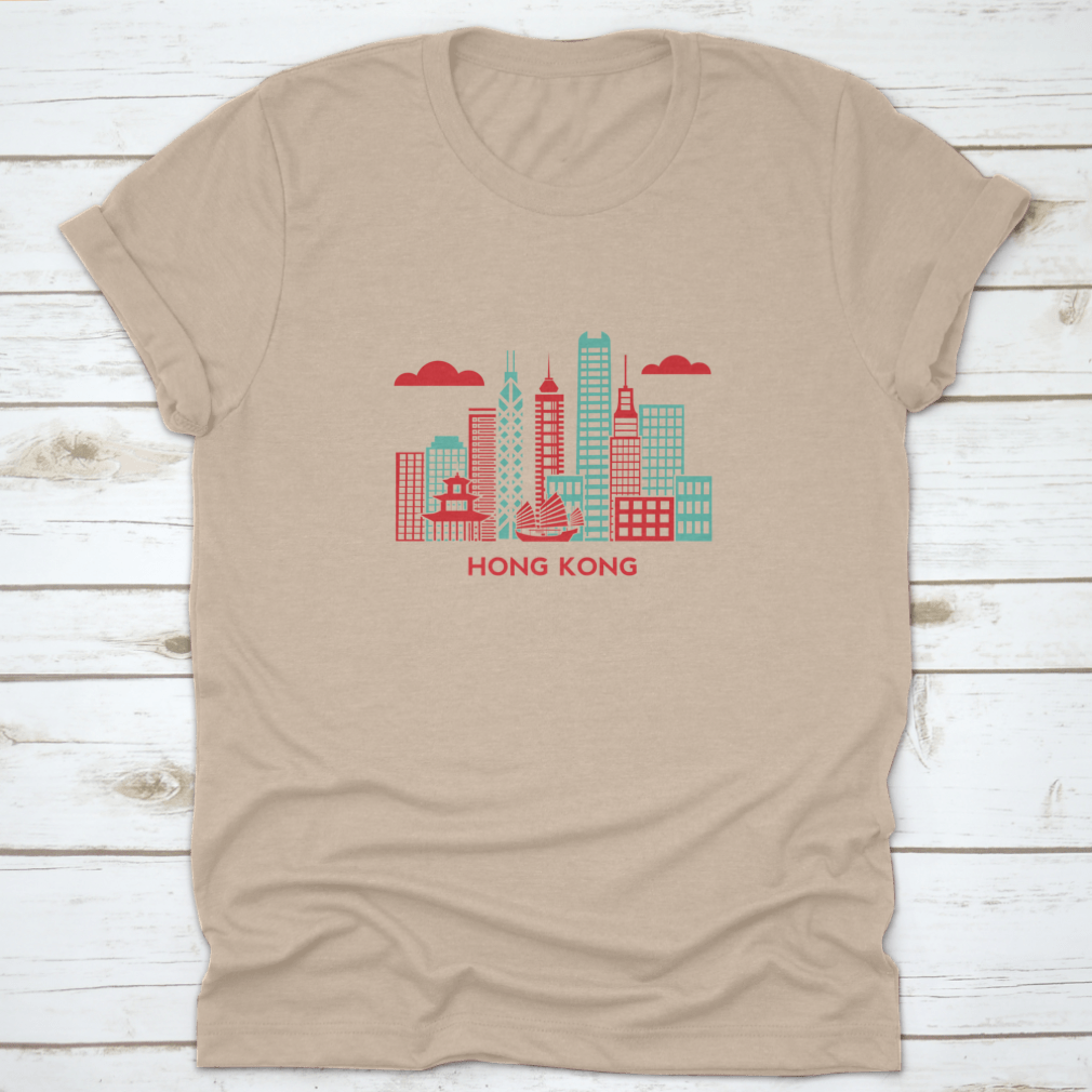 Retro vector illustration of Hong Kong's skyline featuring iconic buildings in a vibrant design.