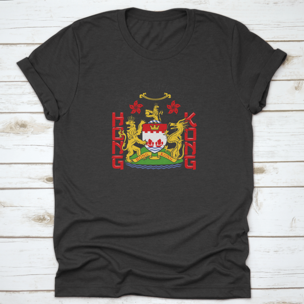 Hong Kong Coat Of Arms T-Shirt featuring a vector national blazon print on a comfortable cotton fabric.