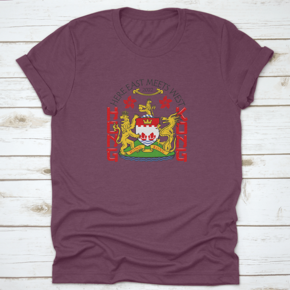 Hong Kong Coat Of Arms T-Shirt featuring a vector national blazon print on a comfortable cotton fabric.