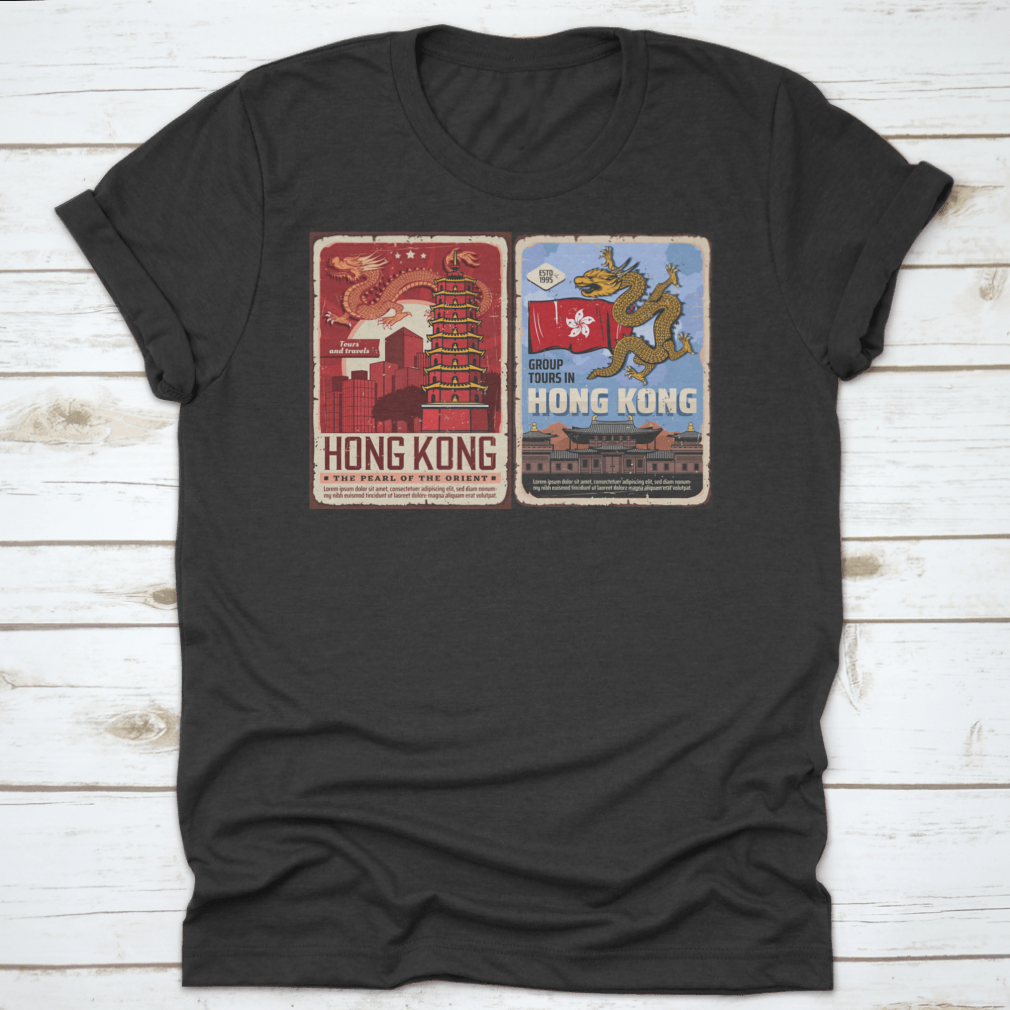 Hong Kong Travel Vector design featuring traditional Chinese landmarks and a dragon, showcasing vibrant colors and intricate details.