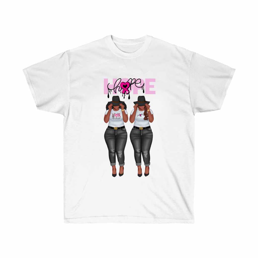 Hope Black Women Breast Cancer Awareness T-Shirt featuring a pink ribbon design, made from 100% soft cotton, suitable for all genders.