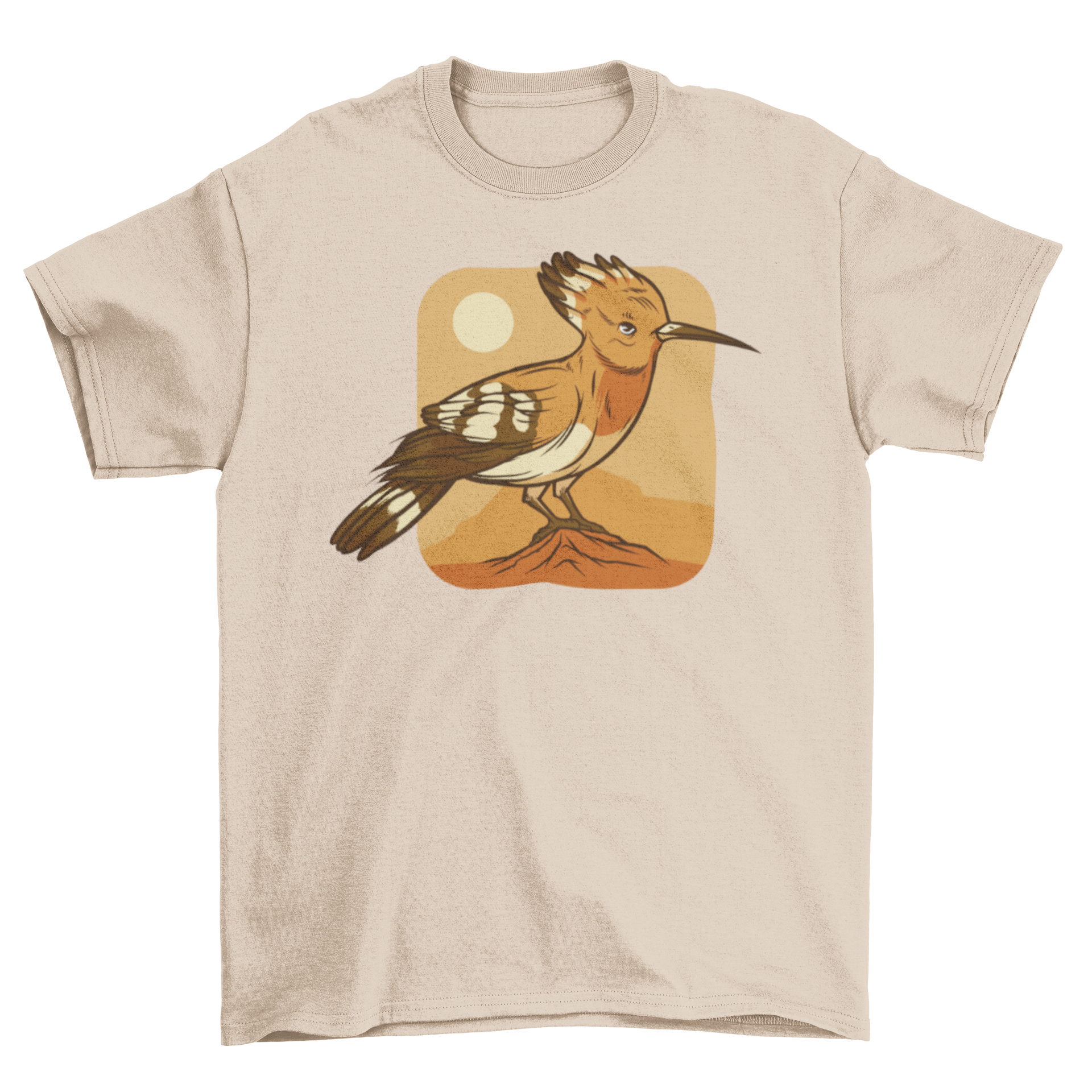 A stylish t-shirt featuring a vibrant hoopoe bird design, perfect for nature lovers.
