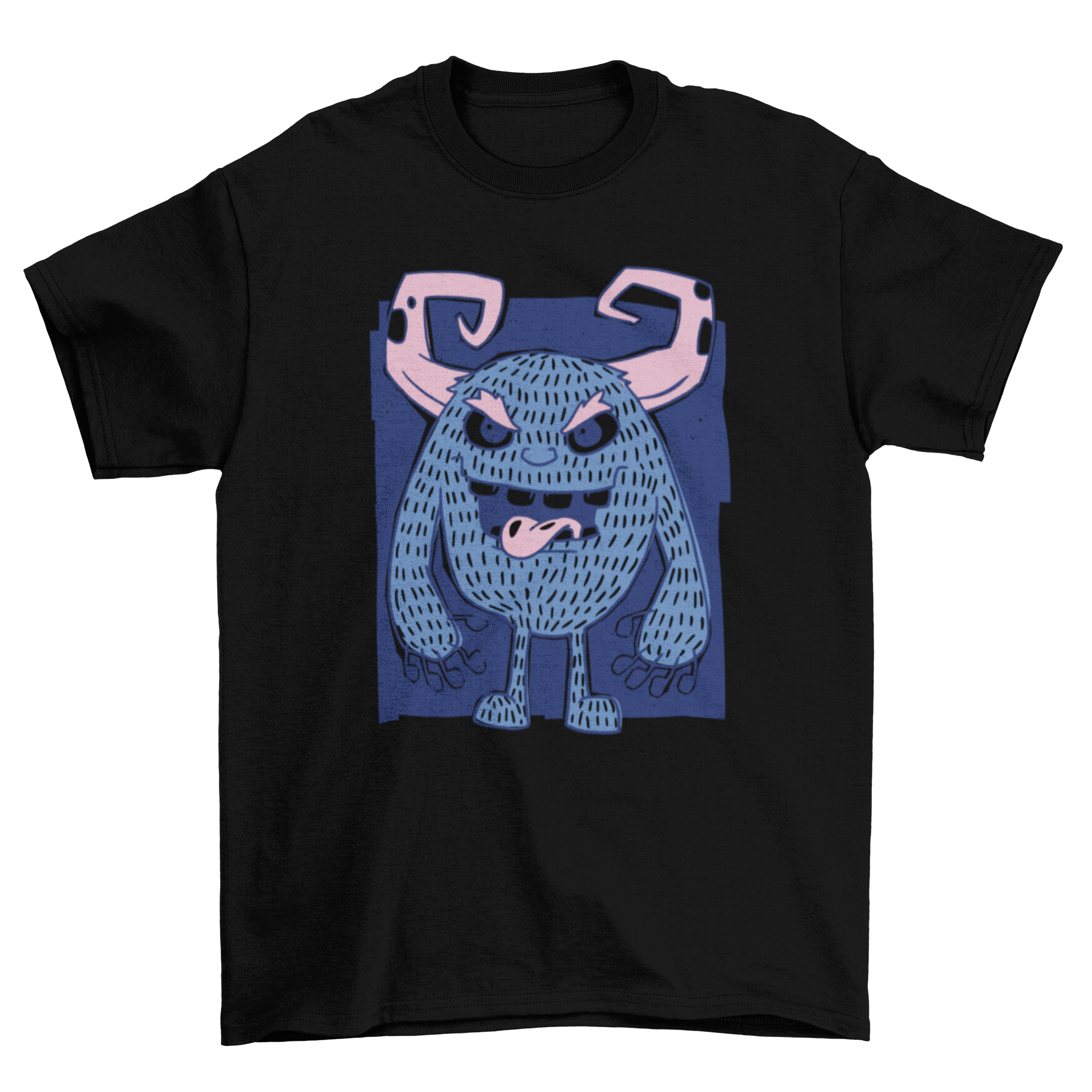 A colorful t-shirt featuring a cartoon monster with horns, showcasing a playful design.