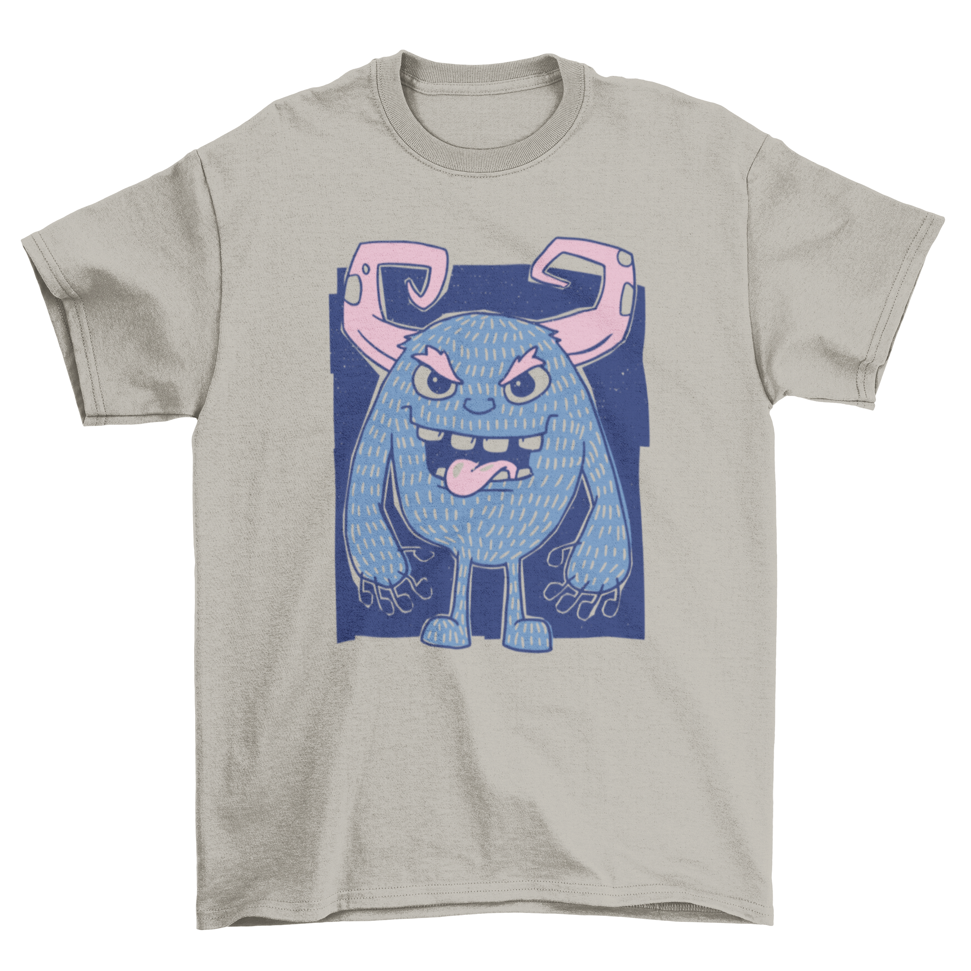 A colorful t-shirt featuring a cartoon monster with horns, showcasing a playful design.