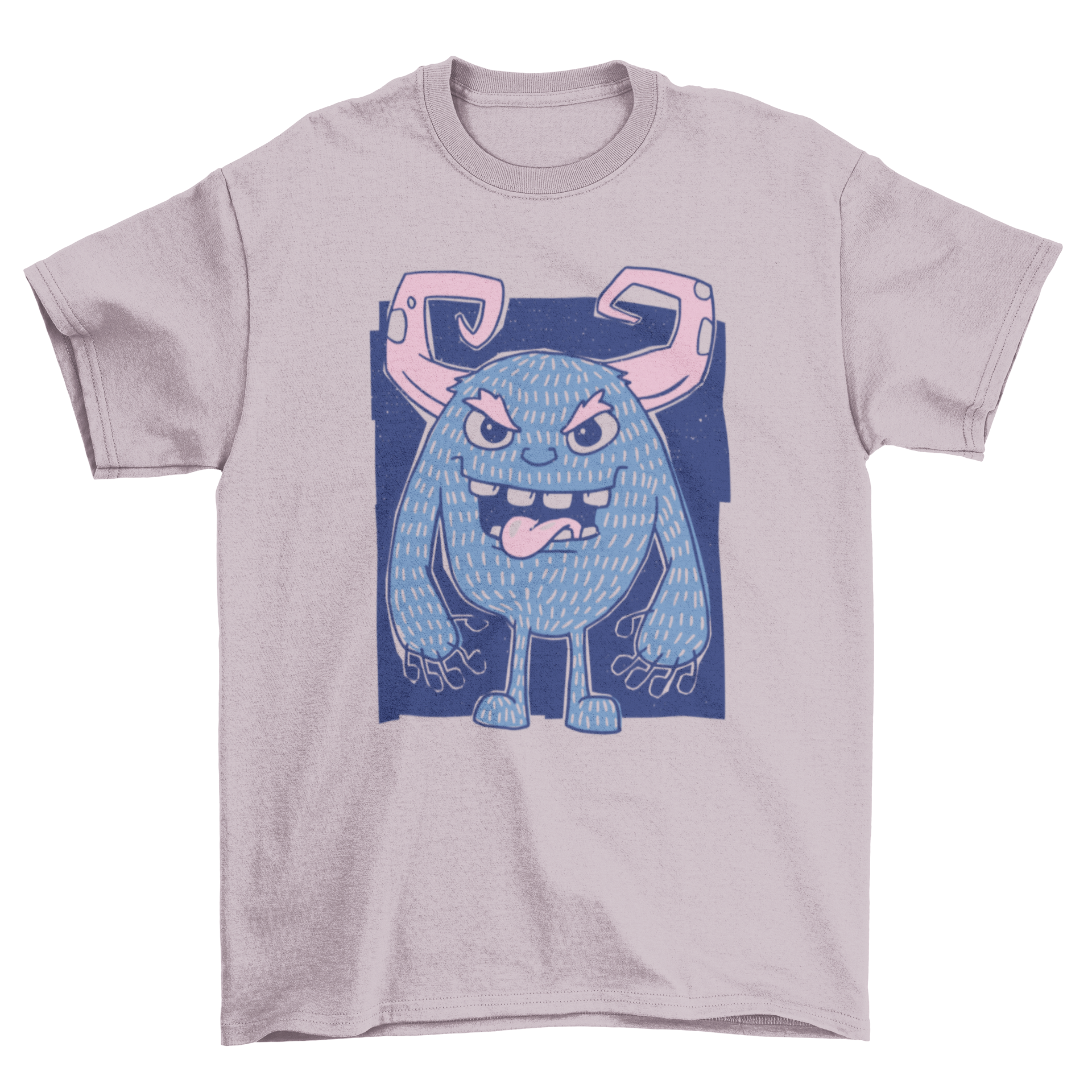 A colorful t-shirt featuring a cartoon monster with horns, showcasing a playful design.