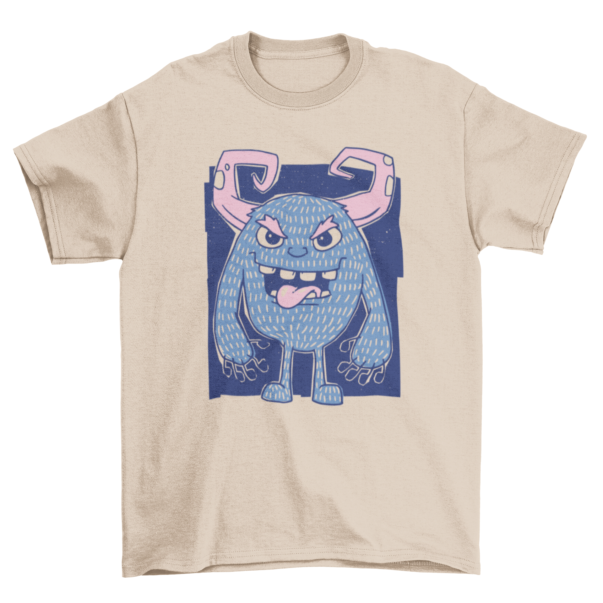 A colorful t-shirt featuring a cartoon monster with horns, showcasing a playful design.